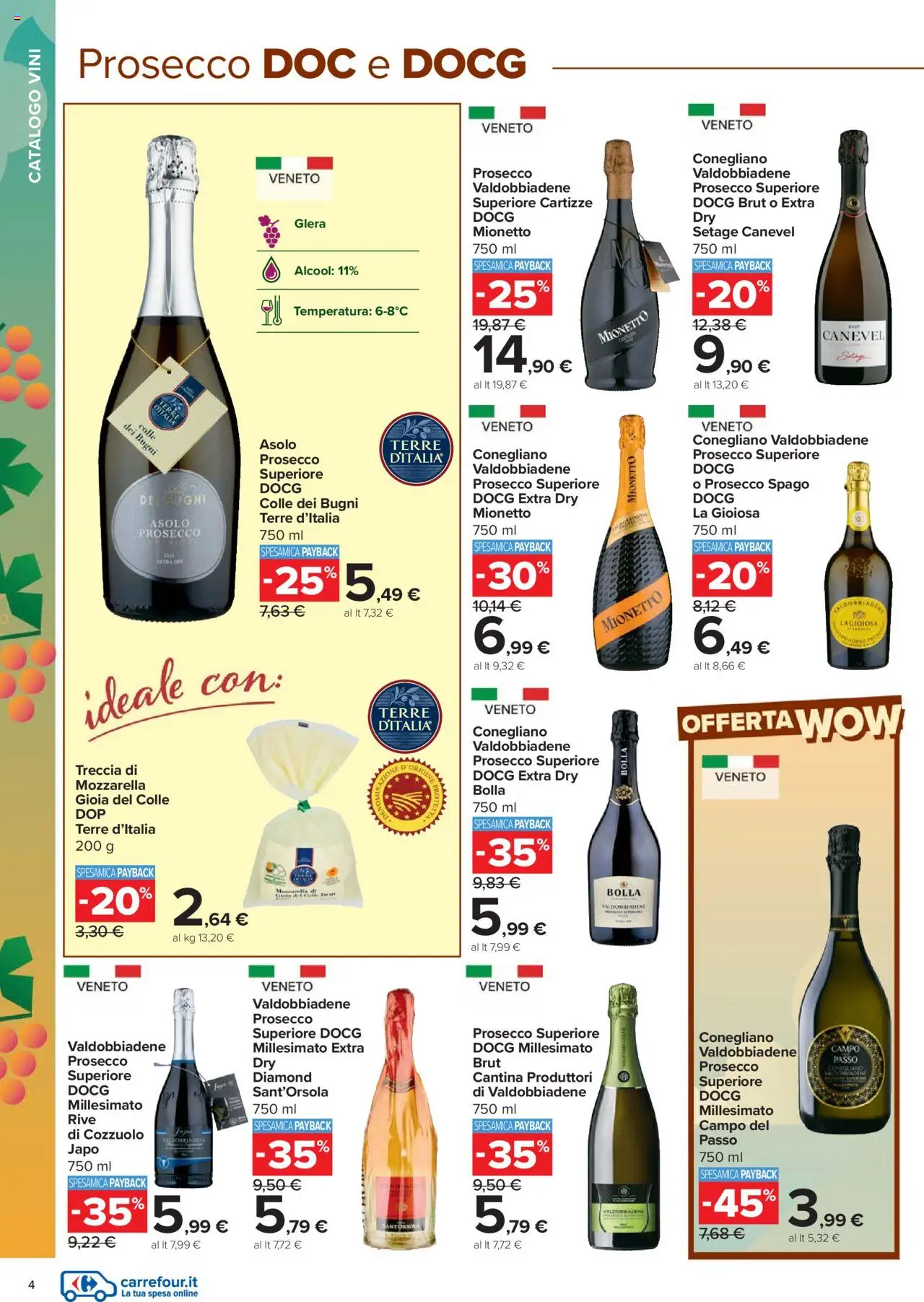 Volantino Carrefour del 06.10.2025 | Pagina: 4 | Prodotti: Prosecco, Mozzarella