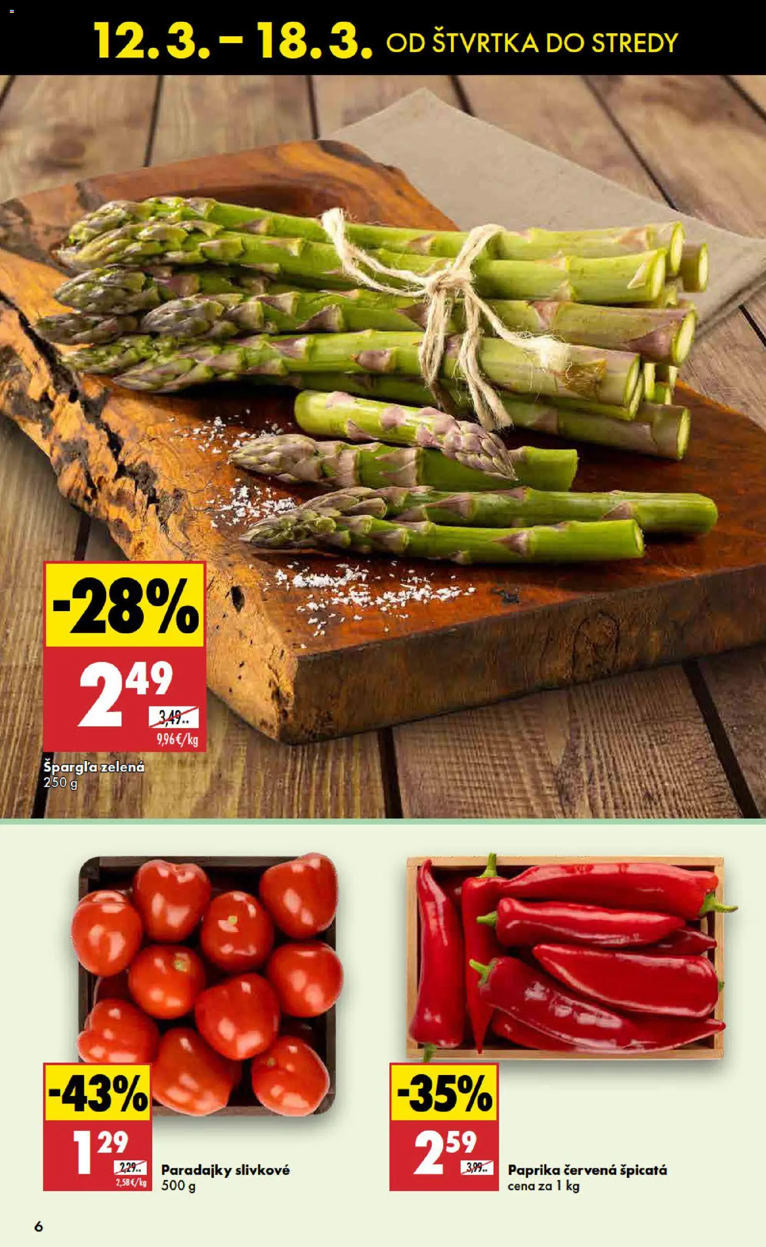 Nové Biedronka akcie – leták je platný od 12.03.2026 | Strana: 6 | Produkty: Paprika, Paradajky, Špargľa
