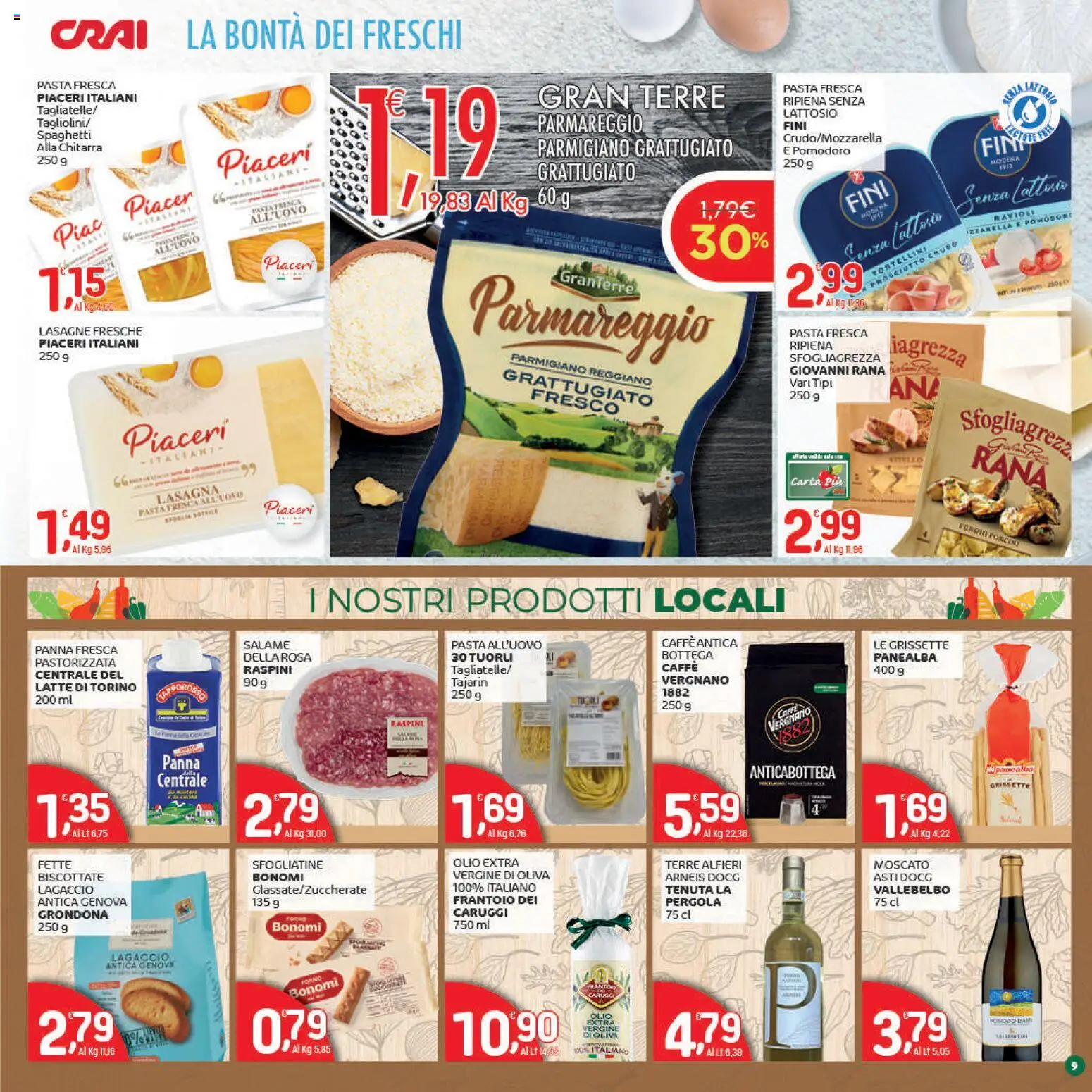 Volantino CRAI del 04.12.2025 | Pagina: 9 | Prodotti: Prosciutto Crudo, Latte, Pasta, Parmigiano reggiano