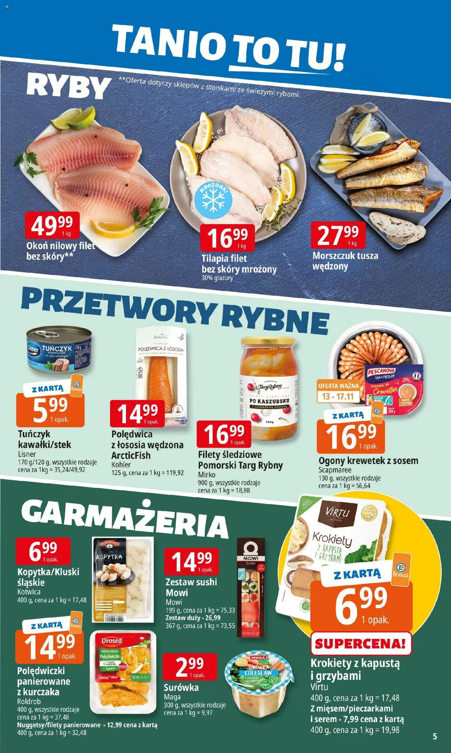 E.Leclerc Gazetka od 10.11.2025 | Strona: 5 | Produkty: Tilapia, Tuńczyk, Ryby, Kopytka