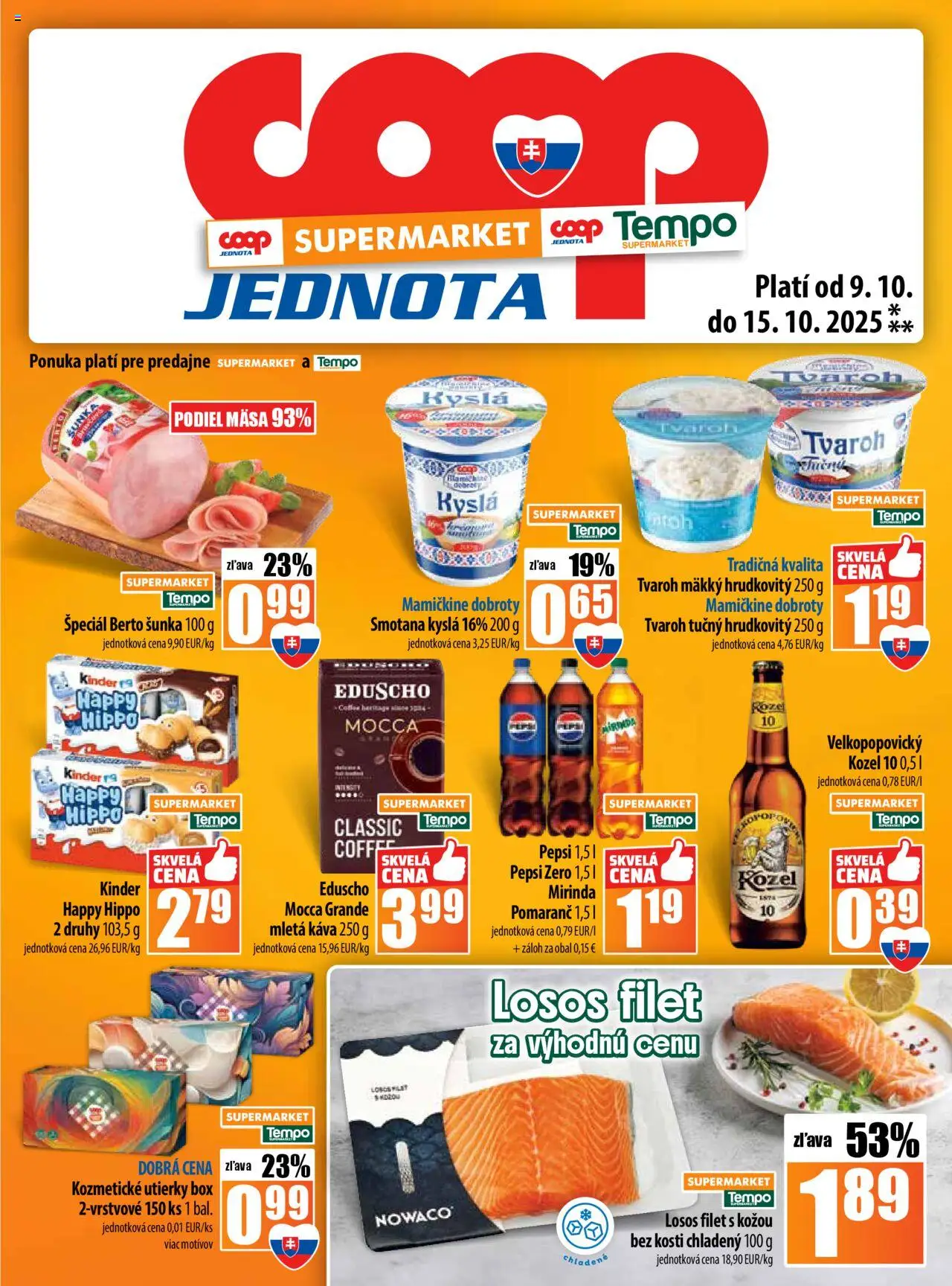 Nové COOP Jednota akcie – leták je platný od 09.10.2025 | Strana: 13 | Produkty: Káva, Smotana, Kinder, Losos