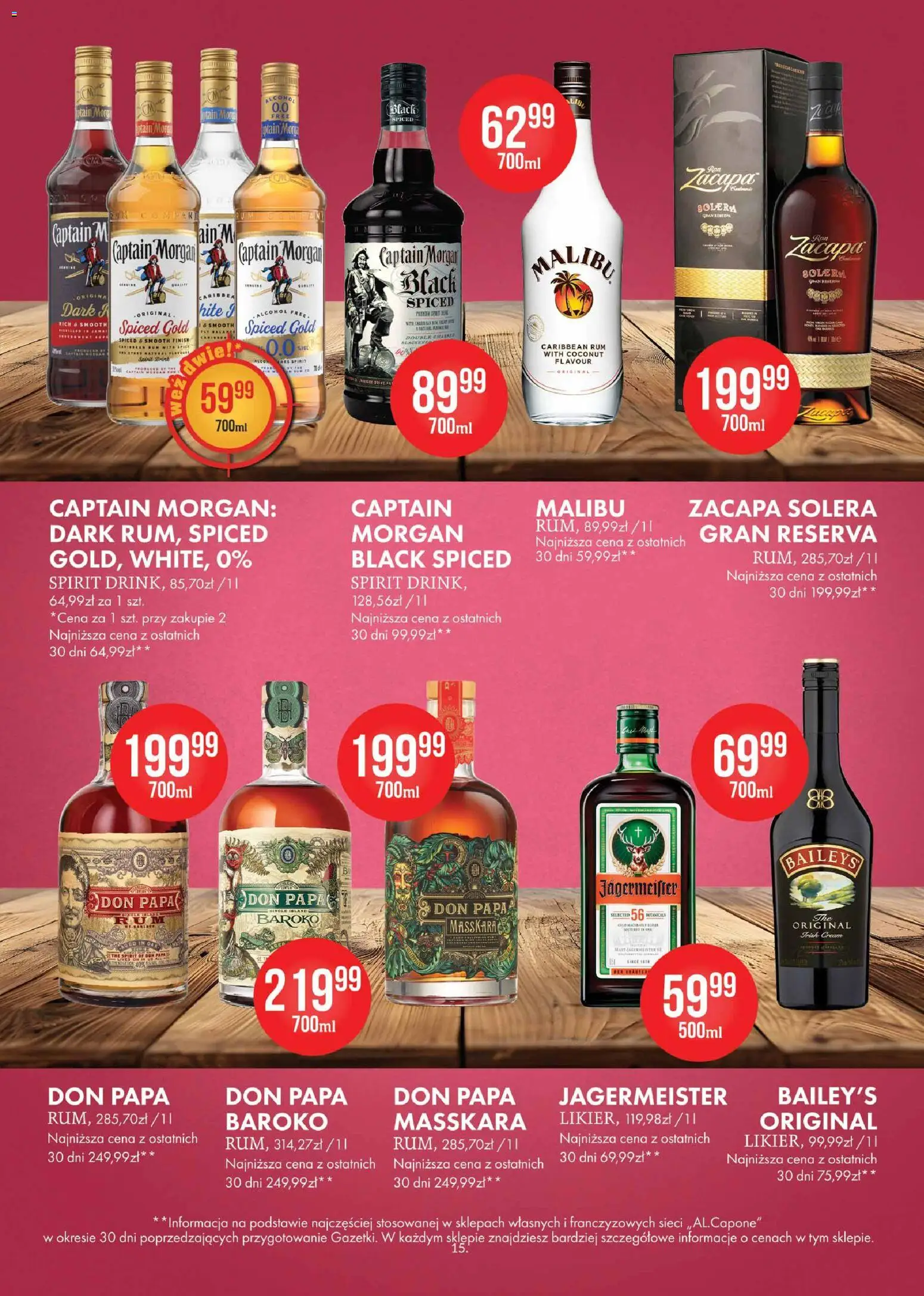 Al.Capone gazetka od 09.03.2026 | Strona: 15 | Produkty: Baileys, Captain Morgan, Zacapa, Finish