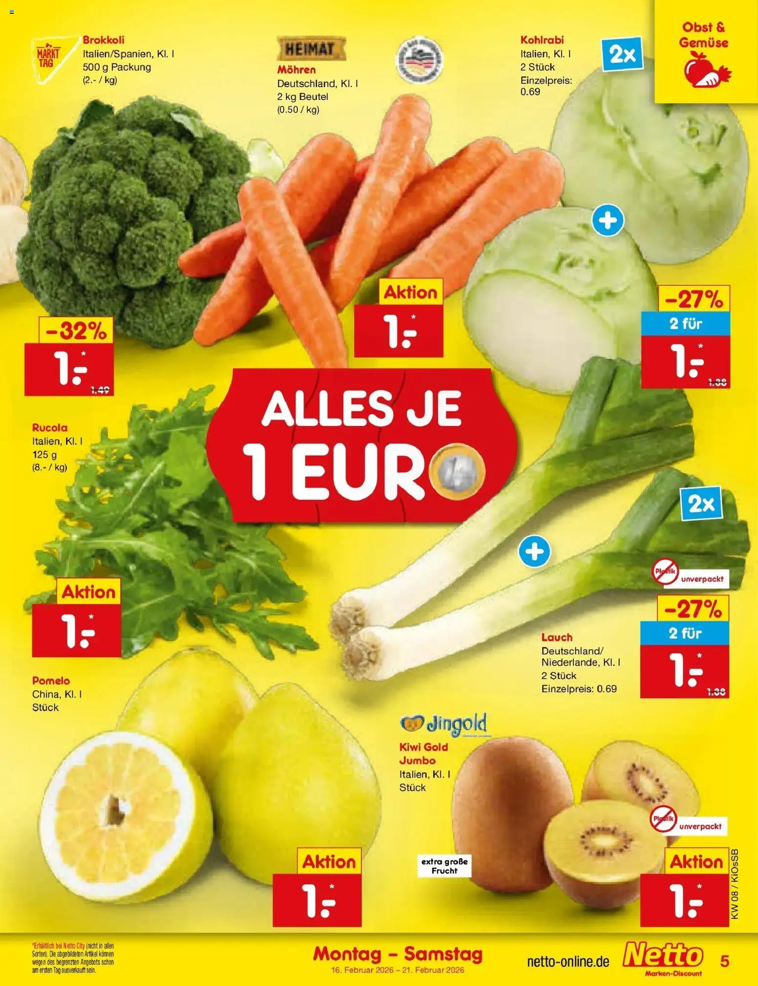 Netto Marken-Discount - Netto: Wochenangebote – gültig ab 16.02.2026 | Seite: 5 | Produkte: Rucola, Gemüse, Obst, Kiwi