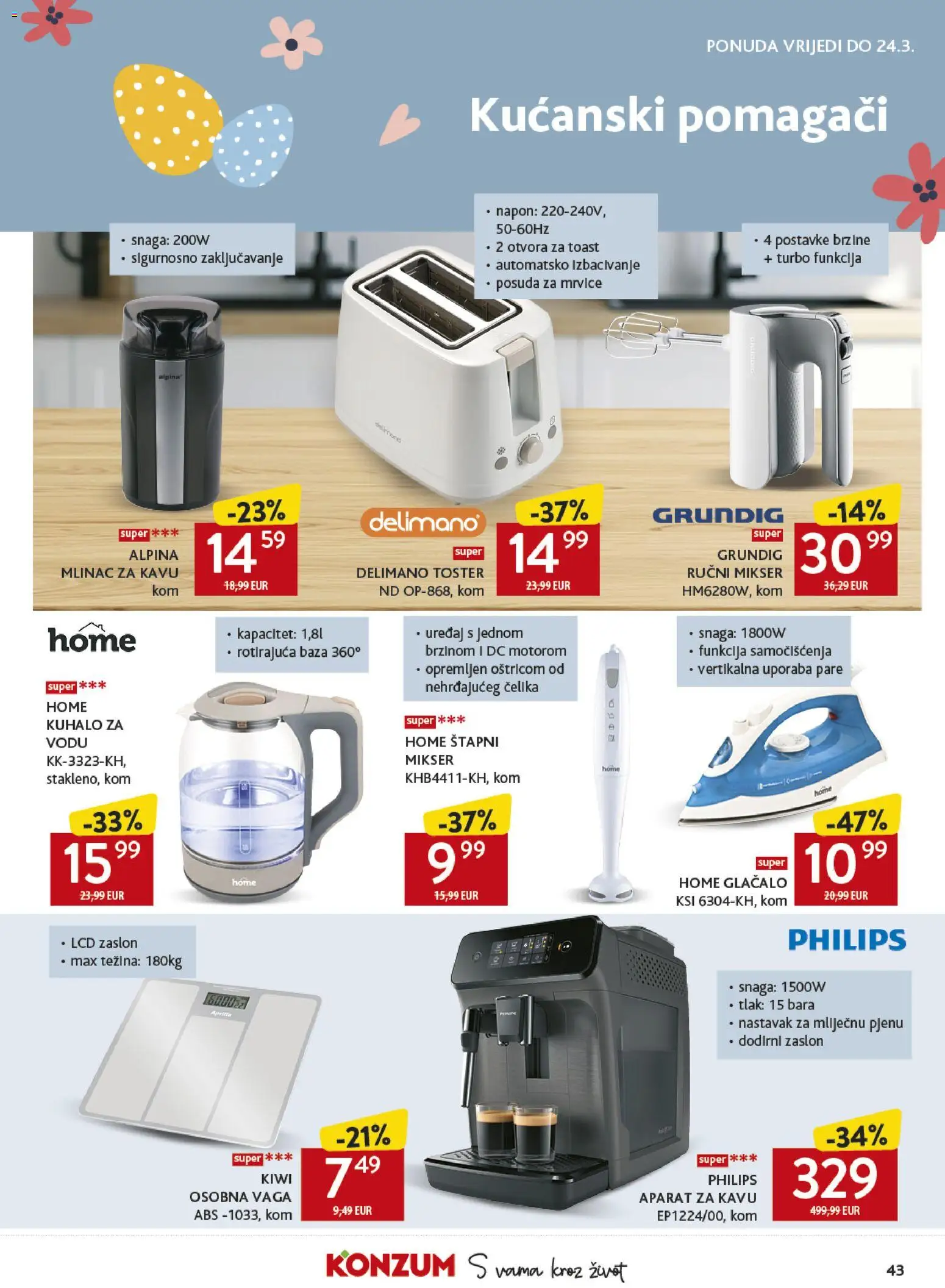 Konzum katalog | vrijedi od 11.03.2026 | Stranica: 43 | Proizvodi: Aparat za kavu, Kuhalo za vodu, Toster, Vaga
