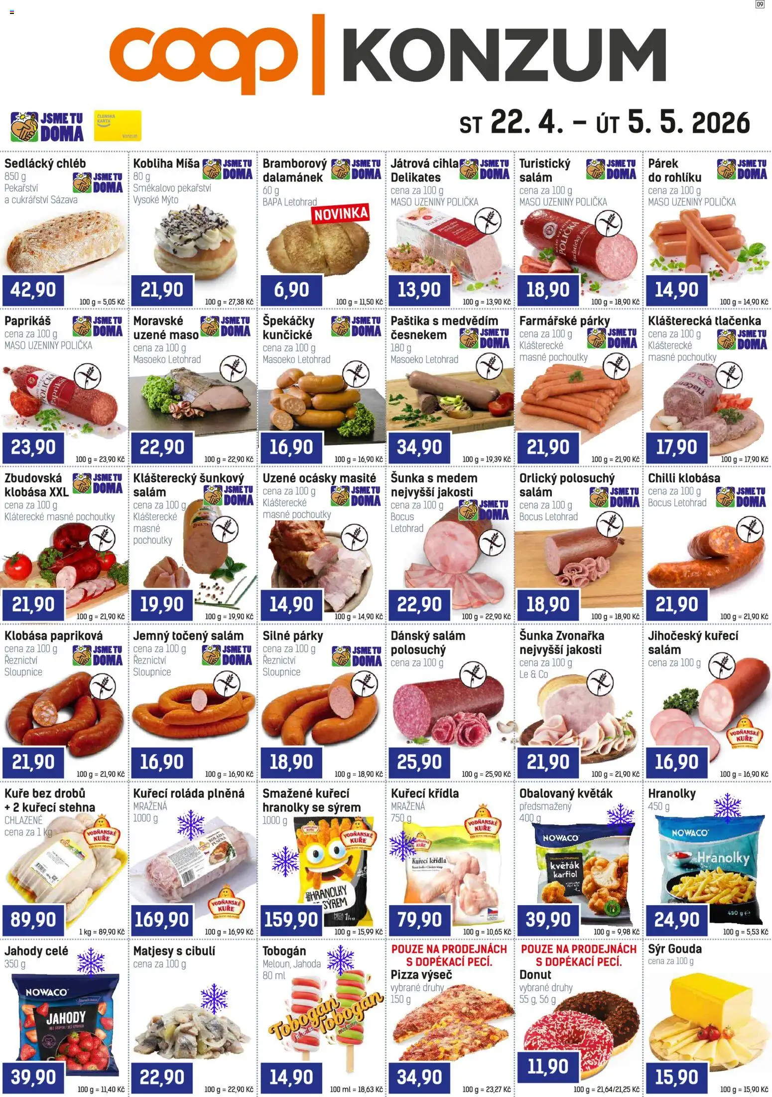 Konzum leták od 22.04.2026 | Strana: 1 | Produkty: Salám, Párky, Jahody, Tlačenka