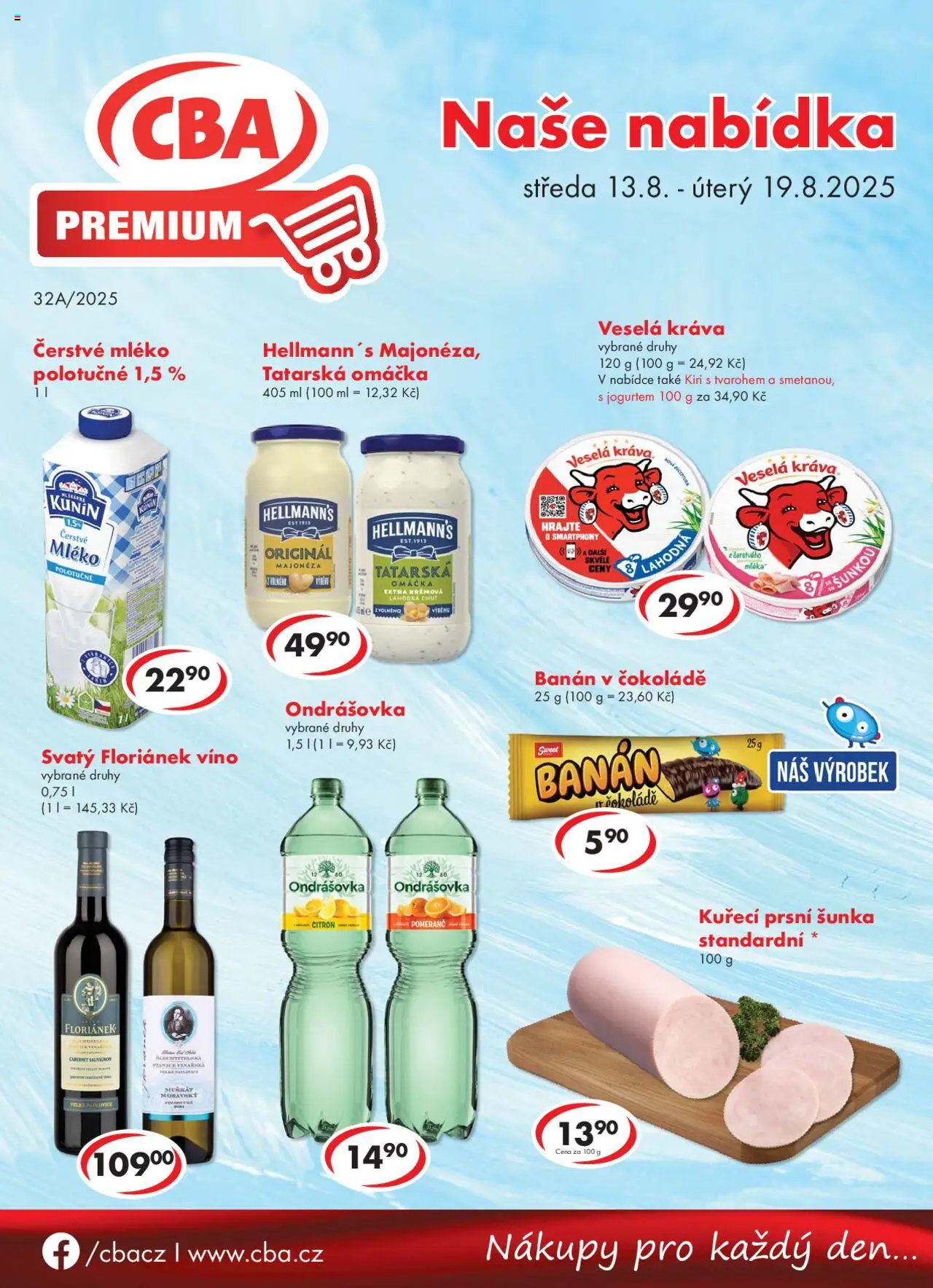CBA leták - Premium od 13.08.2025 | Strana: 1 | Produkty: Mléko, Šunka, Banán, Majonéza