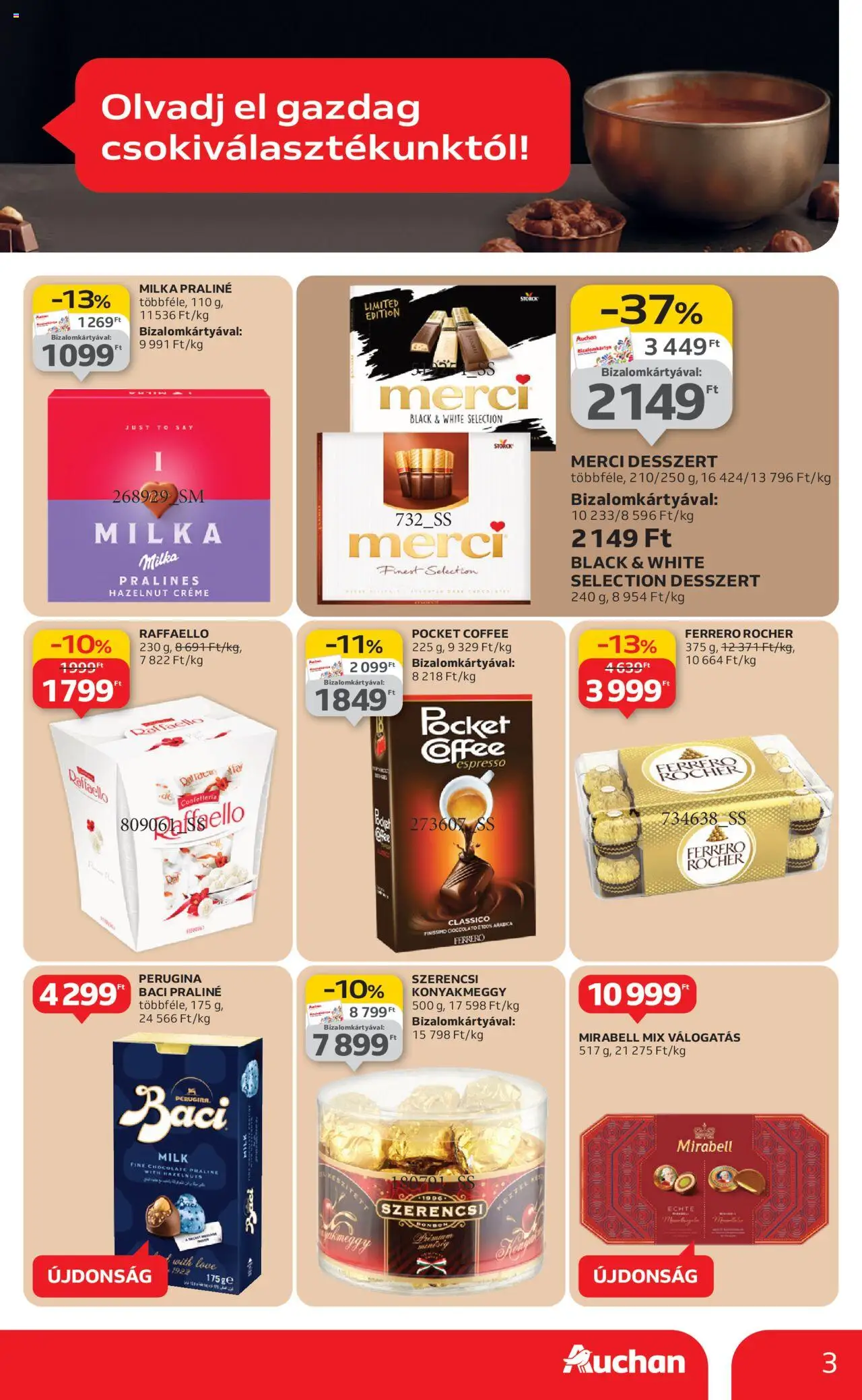 Auchan akciós ujság - amely érvényes a következő dátumtól: 09.10.2025 | Oldal: 3 | Termékek: Raffaello, Ferrero rocher, Praliné