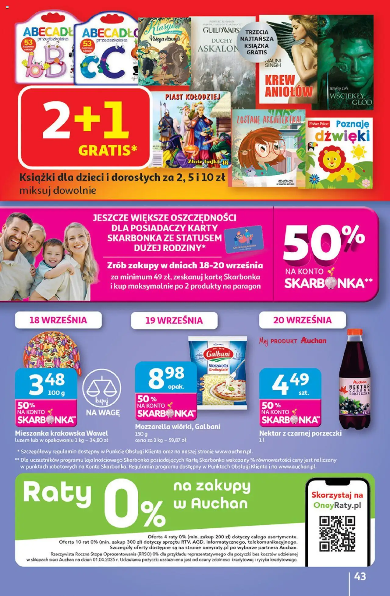 Auchan Gazetka - Pewność niskich cen Hipermarket od 18.09.2025 | Strona: 43 | Produkty: Mieszanka krakowska, Porzeczka, Książki, Mozzarella
