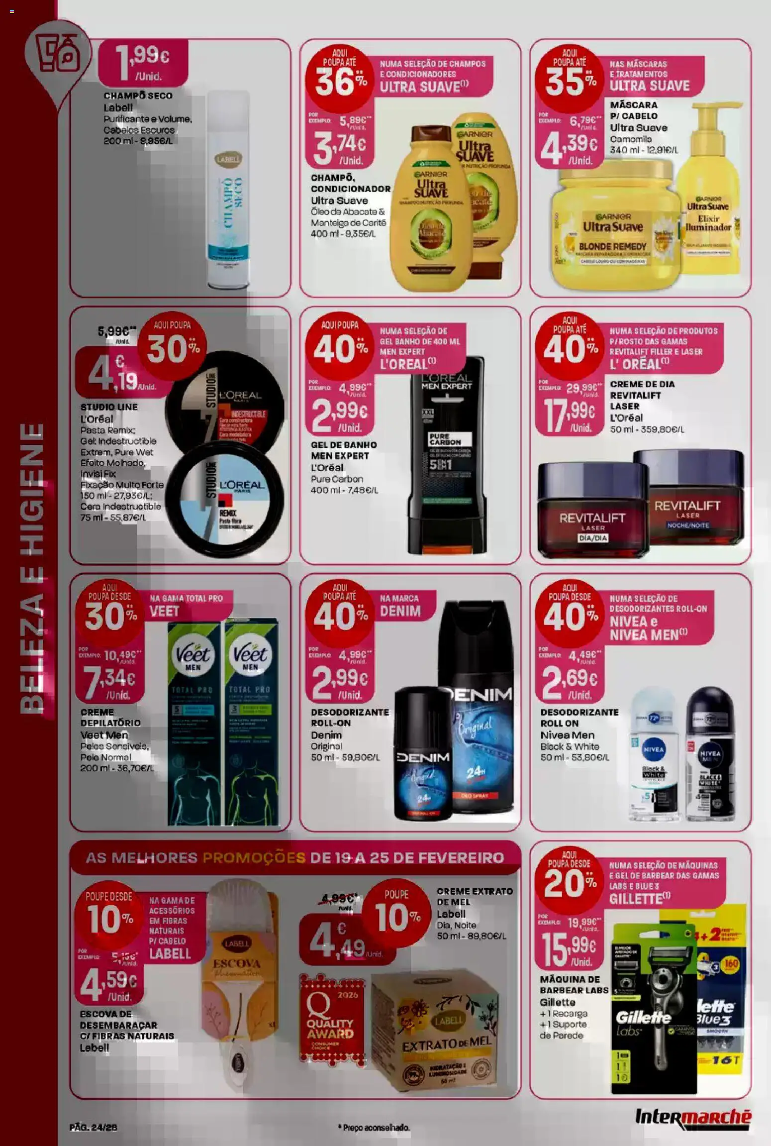 Intermarché Folheto Contact │ válido de 19.02.2026 | Página: 24 | Produtos: Iluminador, Condicionador, Gel de banho, Óleo