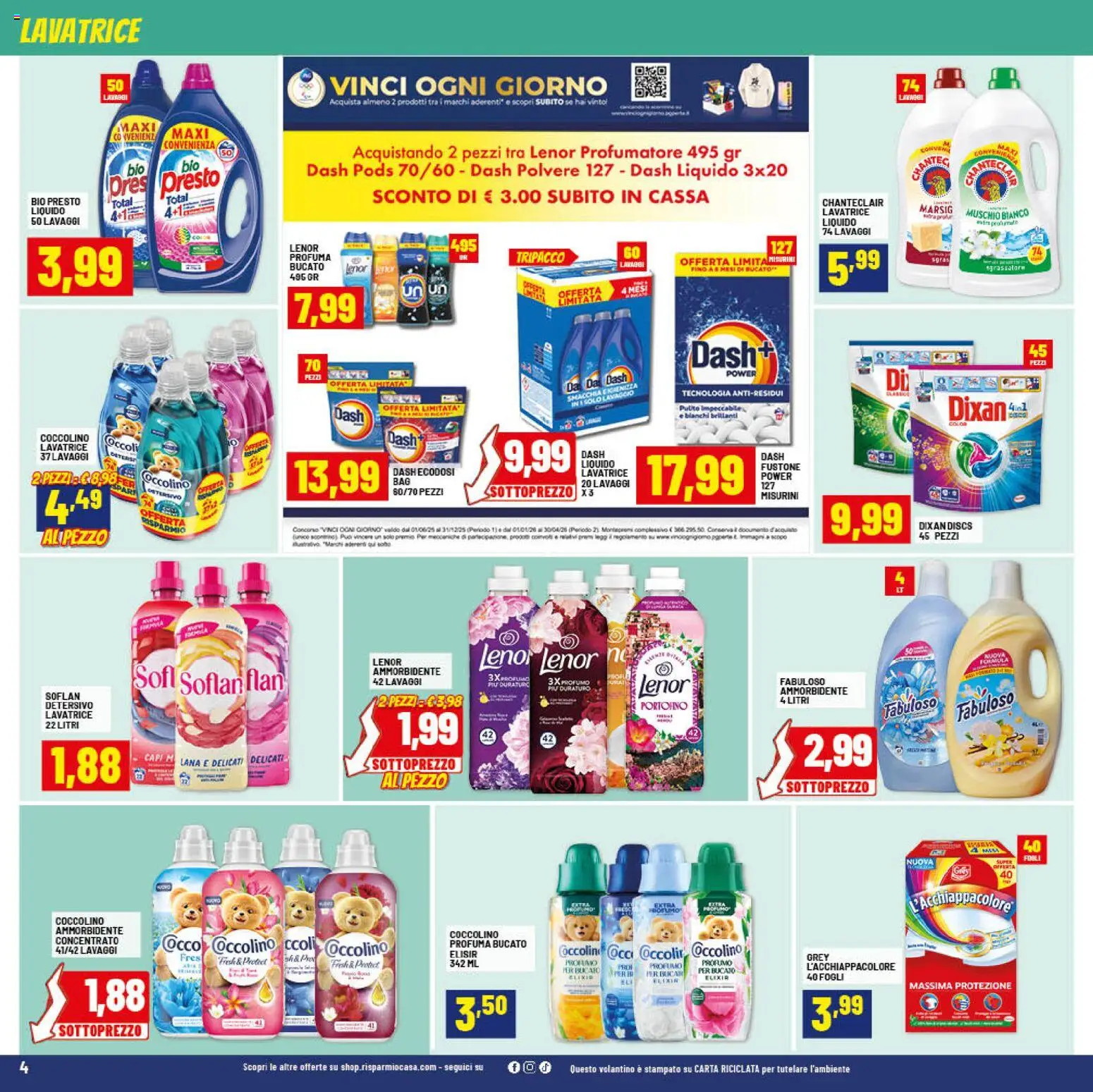 Volantino RisparmioCasa del 24.01.2026 | Pagina: 4 | Prodotti: Ammorbidente, Sgrassatore, Lavatrice, Profumo