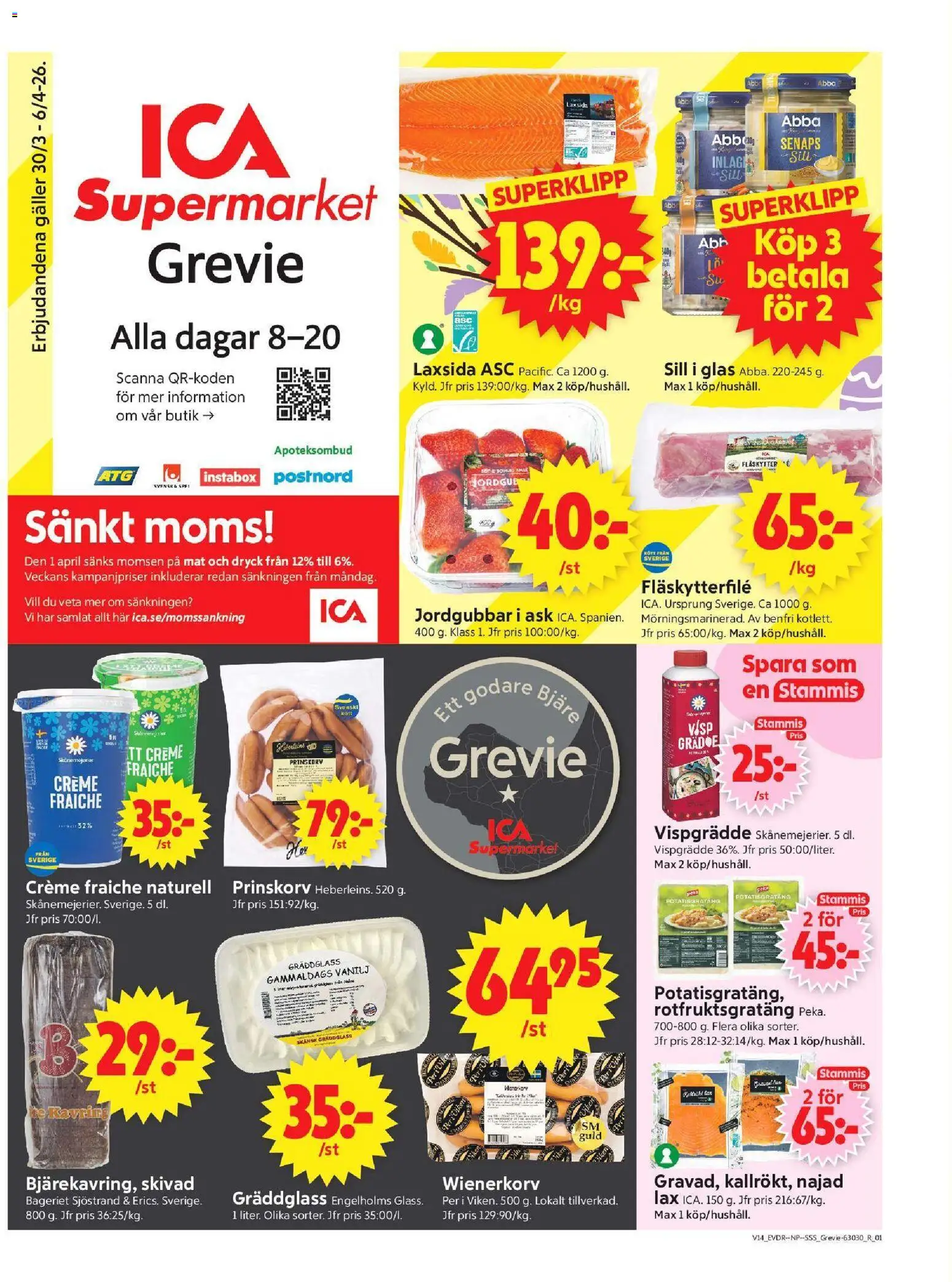 ICA Supermarket reklamblad aktuell från 30.03.2026 | Sida: 1 | Produkter: Visp, Prinskorv, Potatisgratäng, Vispgrädde
