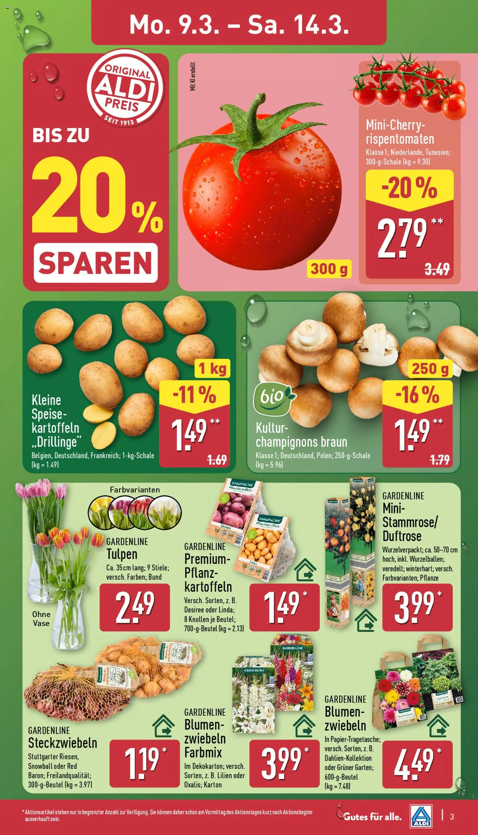 Aldi Prospekt 	 – gültig ab 09.03.2026 | Seite: 3 | Produkte: Blumen, Champignons, Kartoffeln, Zwiebeln