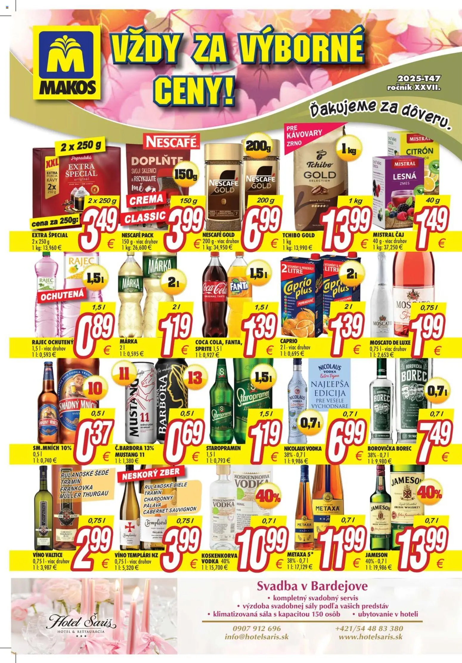 Nové Makos akcie – leták je platný od 17.11.2025 | Strana: 1 | Produkty: Čaj, Staropramen, Nescafé Gold, Nicolaus vodka