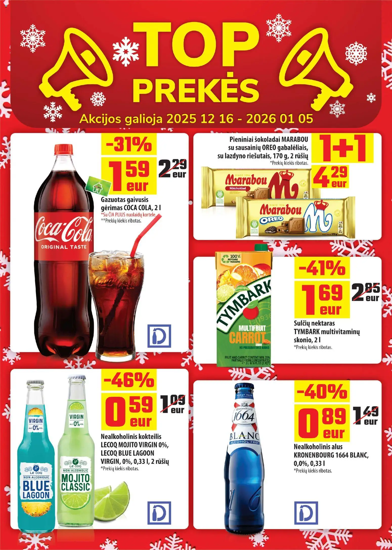 ČIA MARKET akcijos nuo 16.12.2025 | Puslapis: 28 | Prekių: Gaivusis gėrimas, Nealkoholinis alus, Nealkoholinis kokteilis, Alus