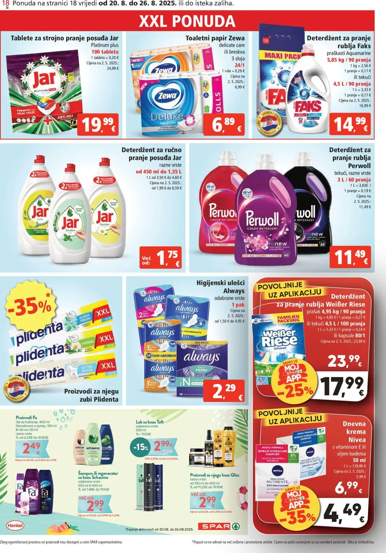 Spar katalog | vrijedi od 20.08.2025 | Stranica: 18 | Proizvodi: Higijenski ulošci, Dezodorans, Krema, Weisser Riese