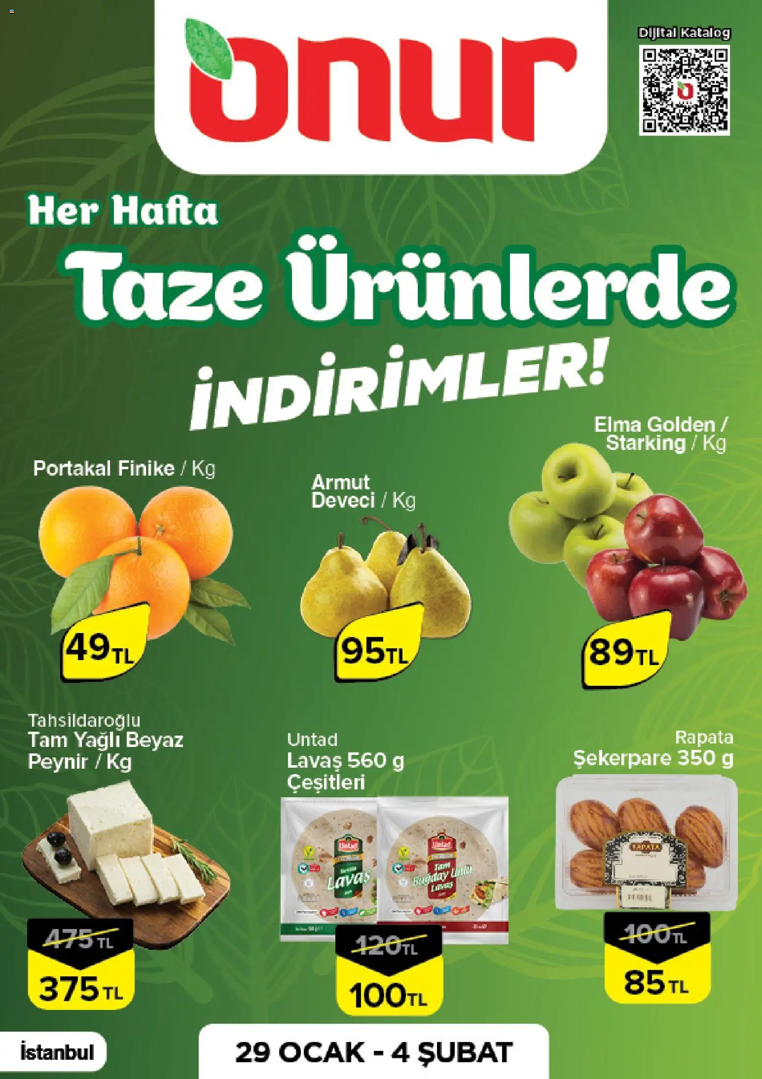 Onur Market Taze Ürünlerde İndirimler - İstanbul - 29.01.2026 tarihinden itibaren geçerlidir | Sayfa: 1 | Ürünler: Elma, Portakal, Armut, Ocak