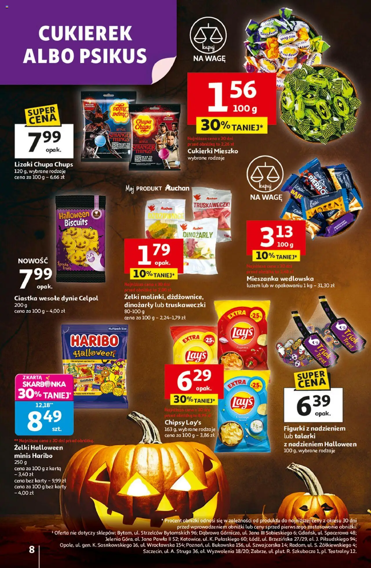Auchan Gazetka - Wielkie przeboje cenowe Hipermarket od 02.10.2025 | Strona: 8 | Produkty: Karta, Chipsy, Lizaki, Ciastka