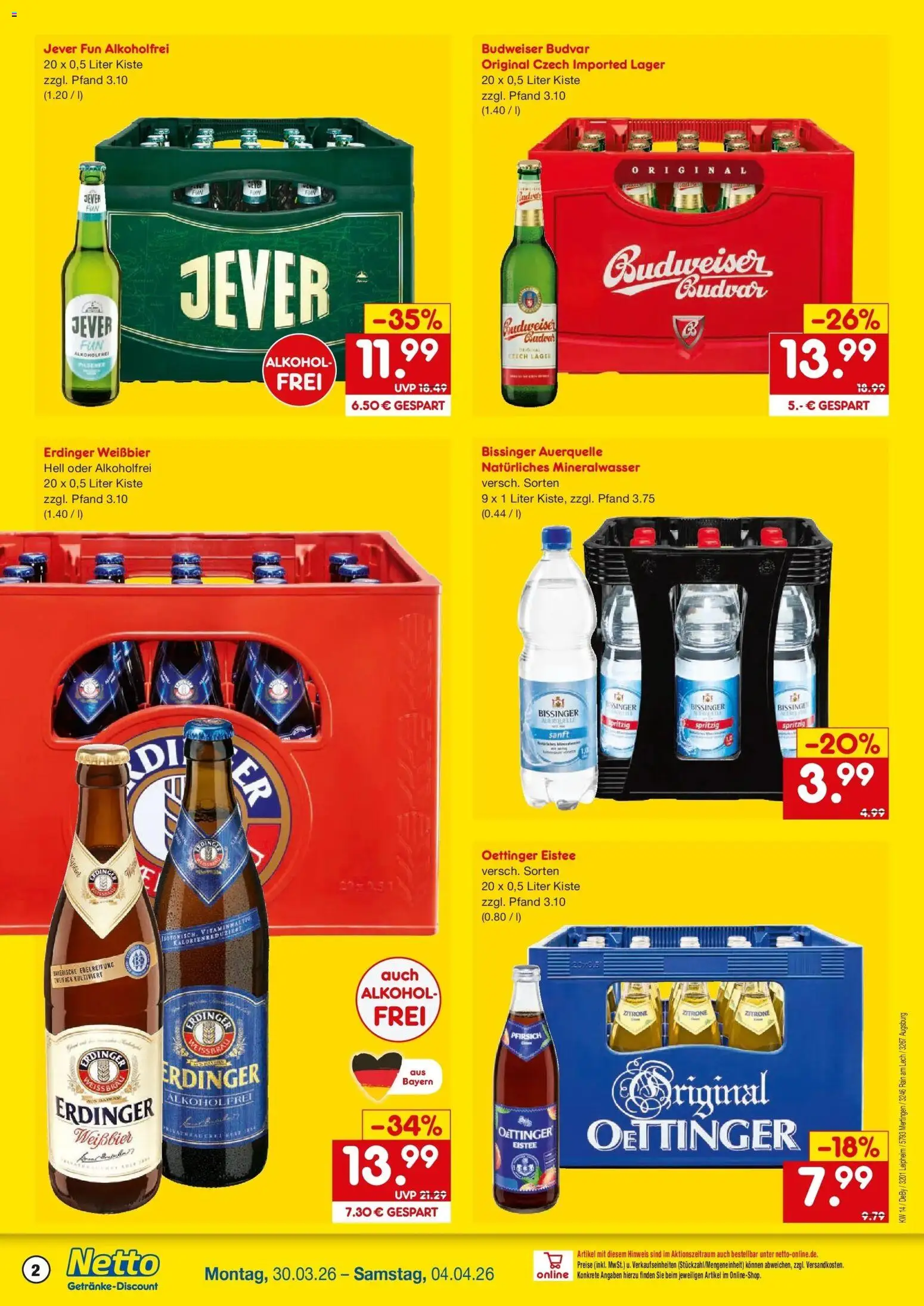Netto Marken-Discount Prospekt Mertingen	 – gültig ab 30.03.2026 | Seite: 2 | Produkte: Erdinger, Weißbier, Jever, Pfirsich