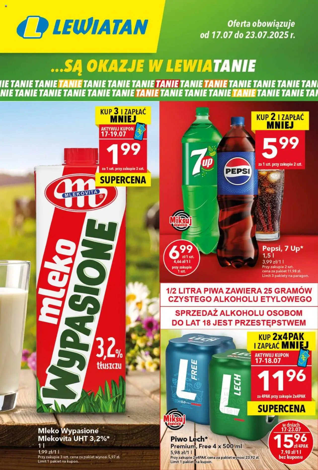 Lewiatan gazetka od 17.07.2025 | Strona: 1 | Produkty: Mleko wypasione, Pepsi, Mleko, Piwo