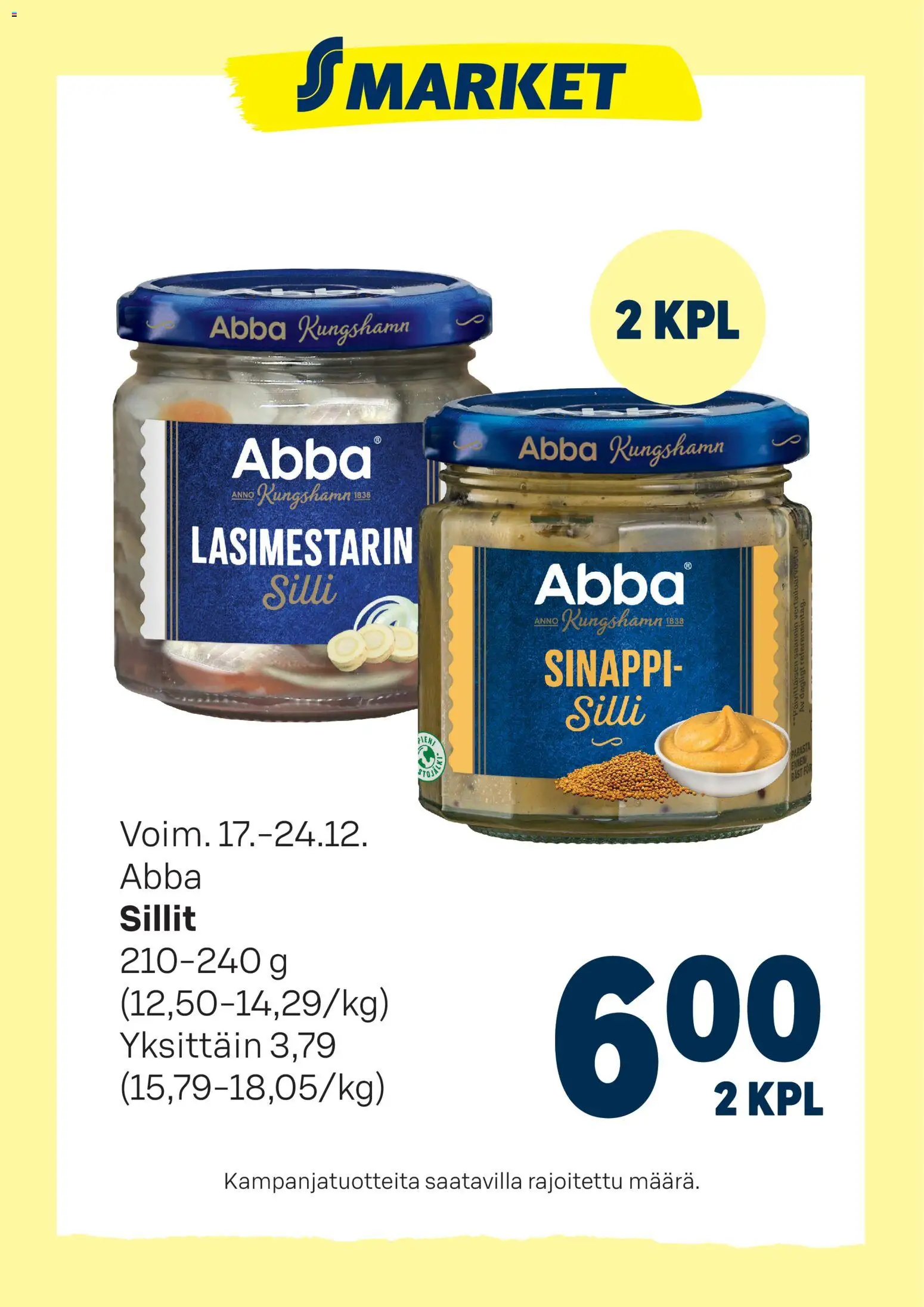 S-market tarjoukset Abba sillit – voimassa 17.12.2025 alkaen | Sivu: 1 | Tuotteet: Silli, Sinappi