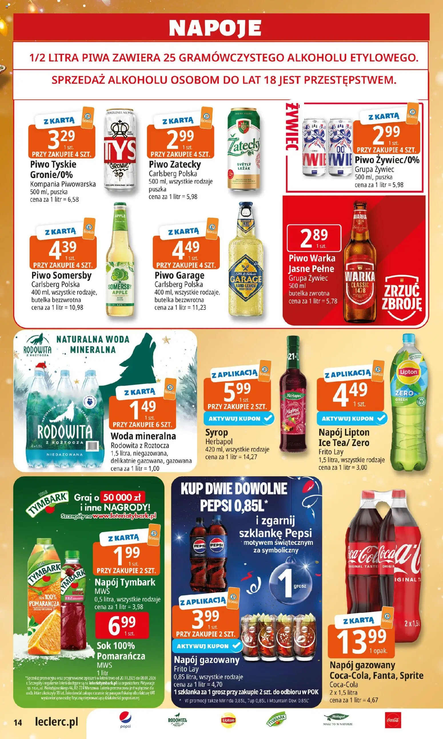 E.Leclerc Gazetka - Elbląg od 09.12.2025 | Strona: 14 | Produkty: Napoje, Sprite, Leżak, Warka