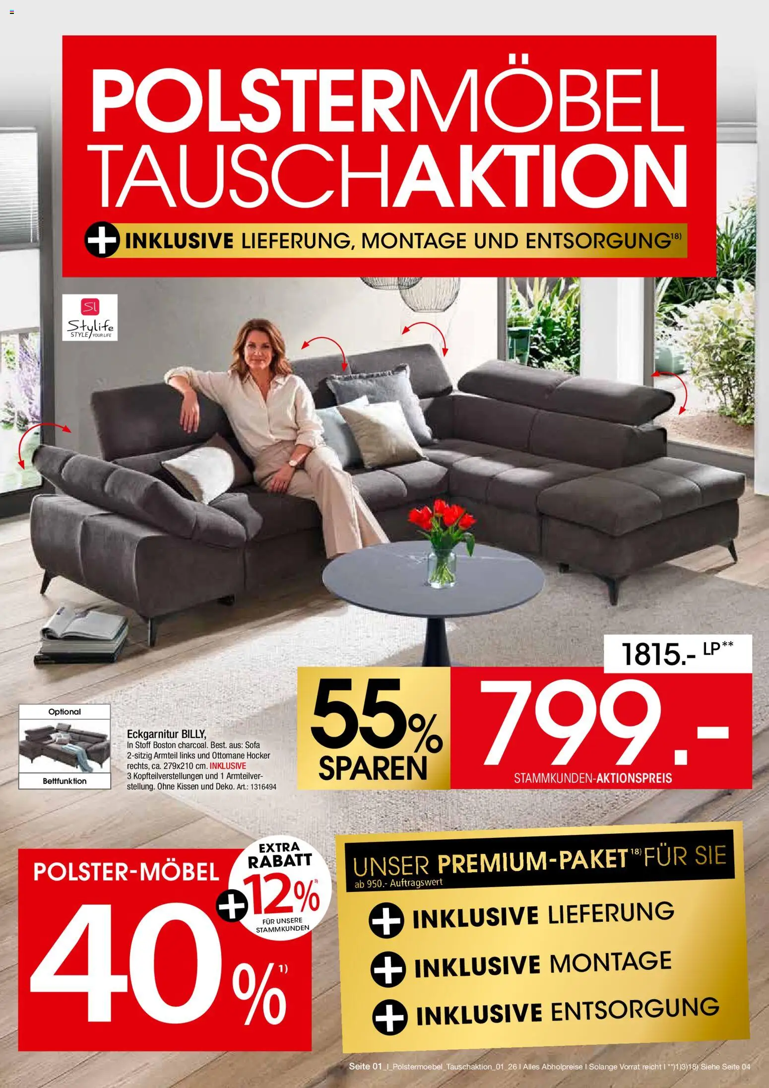 Zurbrüggen Polstermöbel Spezial – gültig ab 31.03.2026 | Seite: 1 | Produkte: Hocker, Kissen, Sofa
