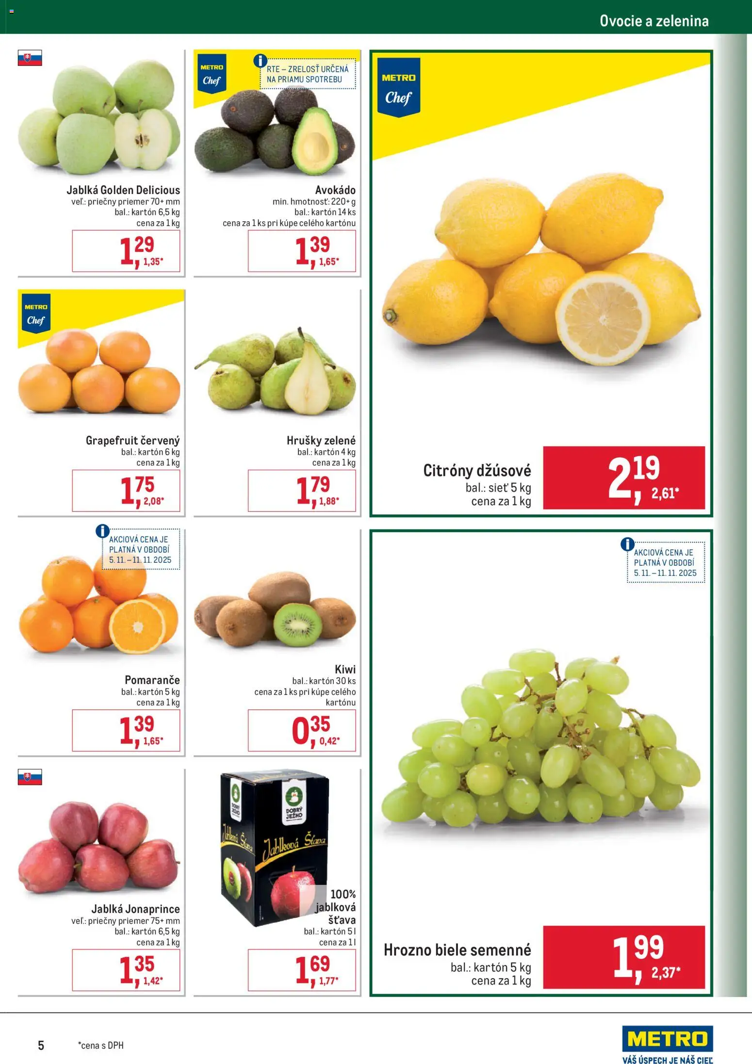 Nové Metro akcie – leták je platný od 05.11.2025 | Strana: 5 | Produkty: Pomaranče, Citróny, Avokádo, Grapefruit