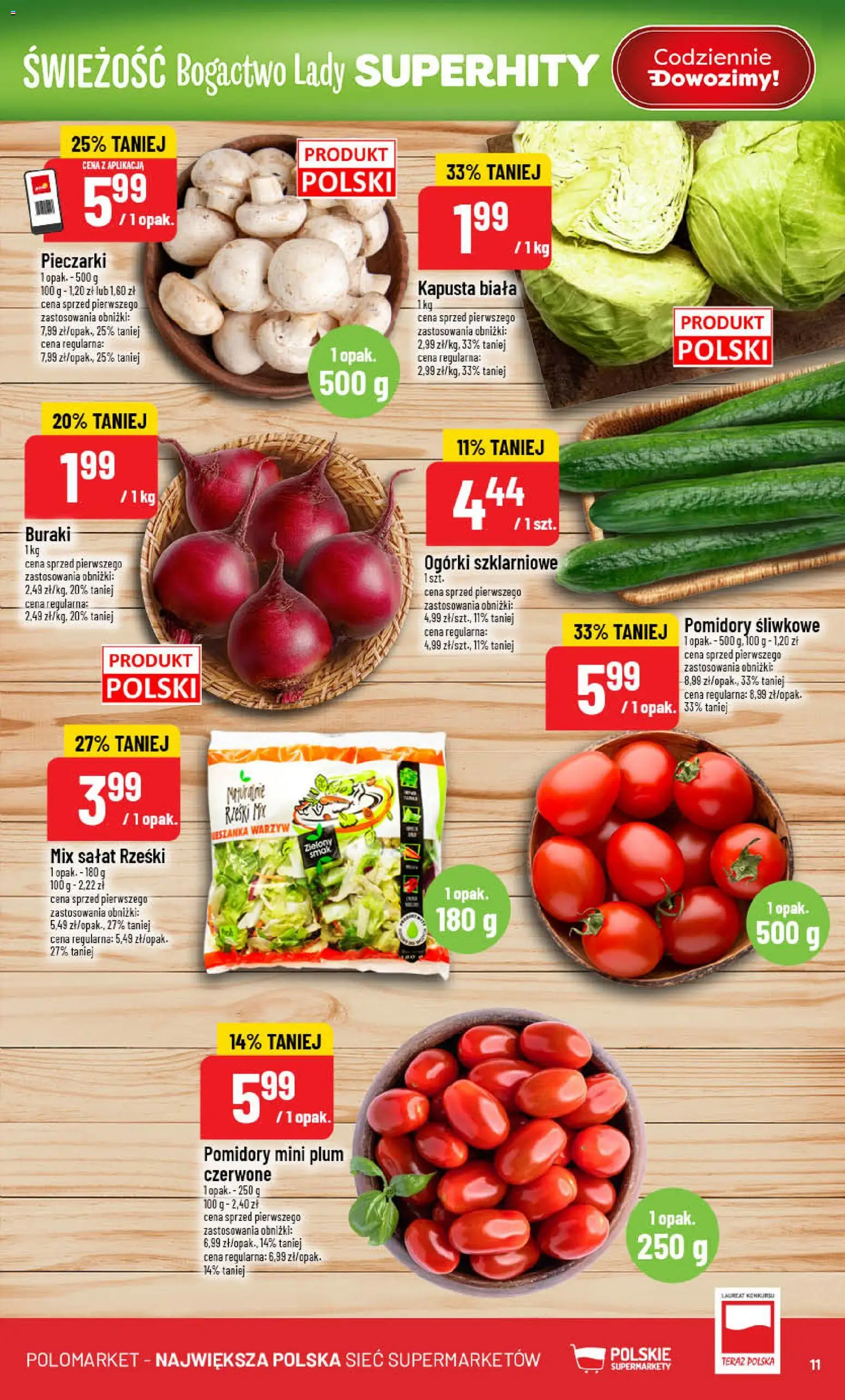 POLOmarket Gazetka od 07.01.2026 | Strona: 11 | Produkty: Pieczarki, Pomidory, Kapusta biała, Ogórki