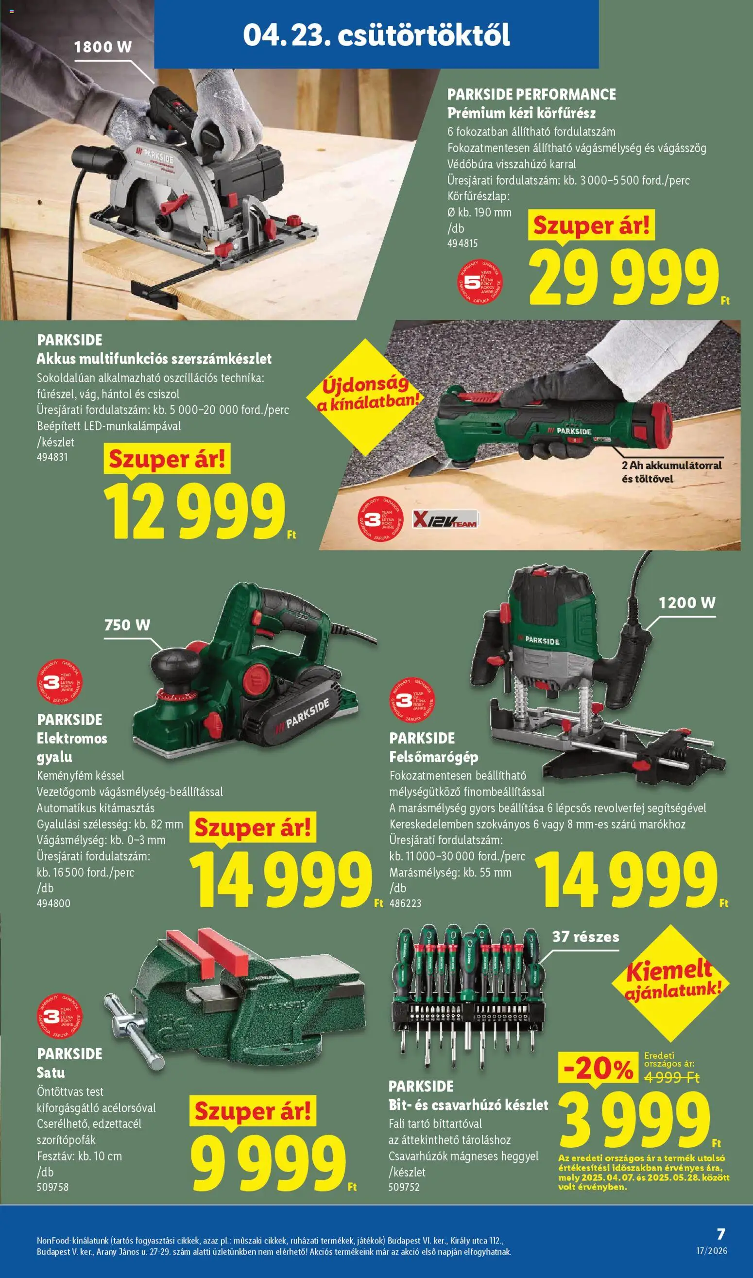 Lidl akciós ujság - amely érvényes a következő dátumtól: 23.04.2026 | Oldal: 7 | Termékek: Parkside, Kézi körfűrész, Játékok, Csavarhúzó