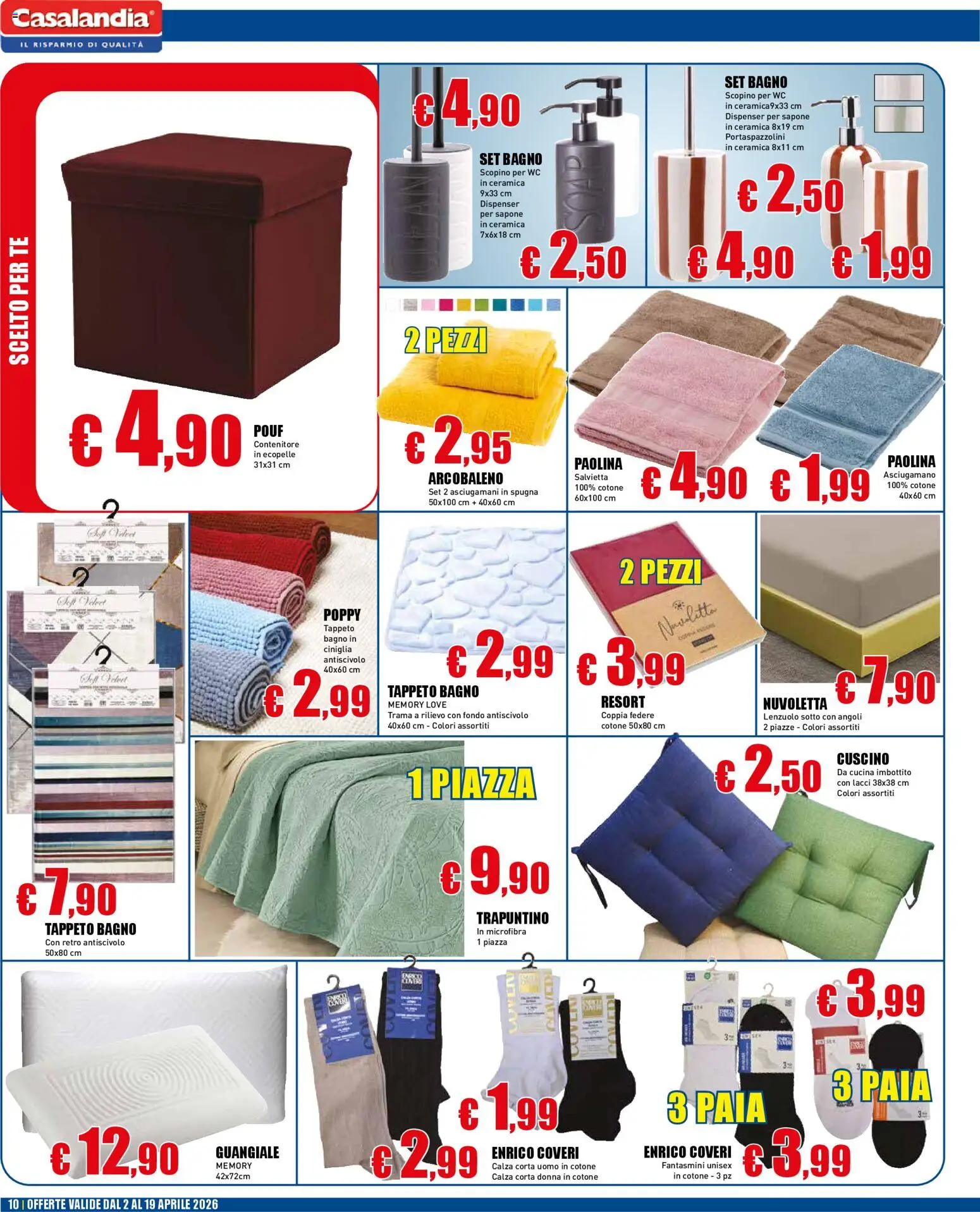Volantino Casalandia del 02.04.2026 | Pagina: 10 | Prodotti: Scopino, Cuscino, Asciugamano, Bagno