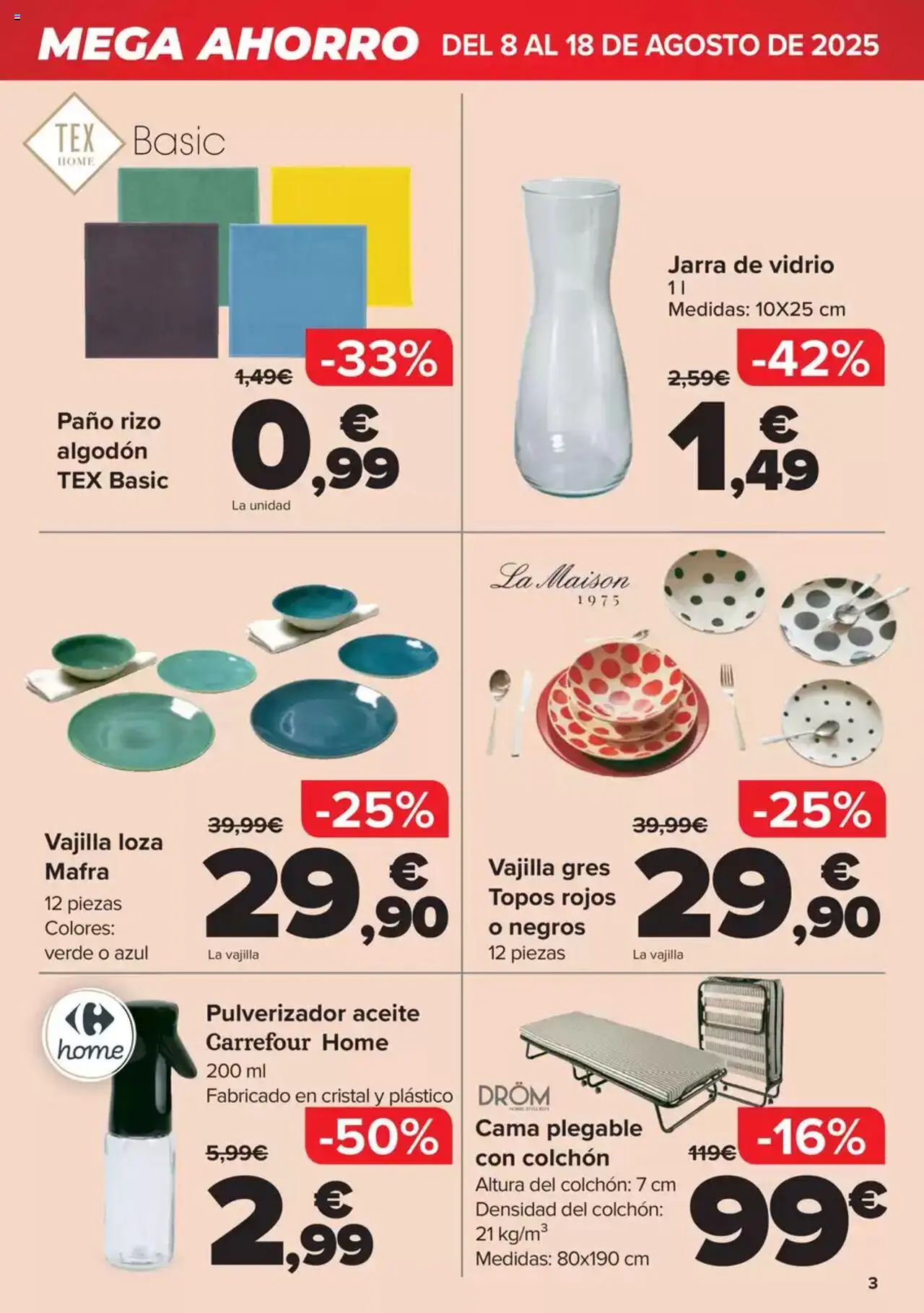 Carrefour Mega Ahorro │ válido desde el 08.08.2025 | Página: 3 | Productos: Aceite, Colchon, Βρεφικό κρεβάτι, Cama