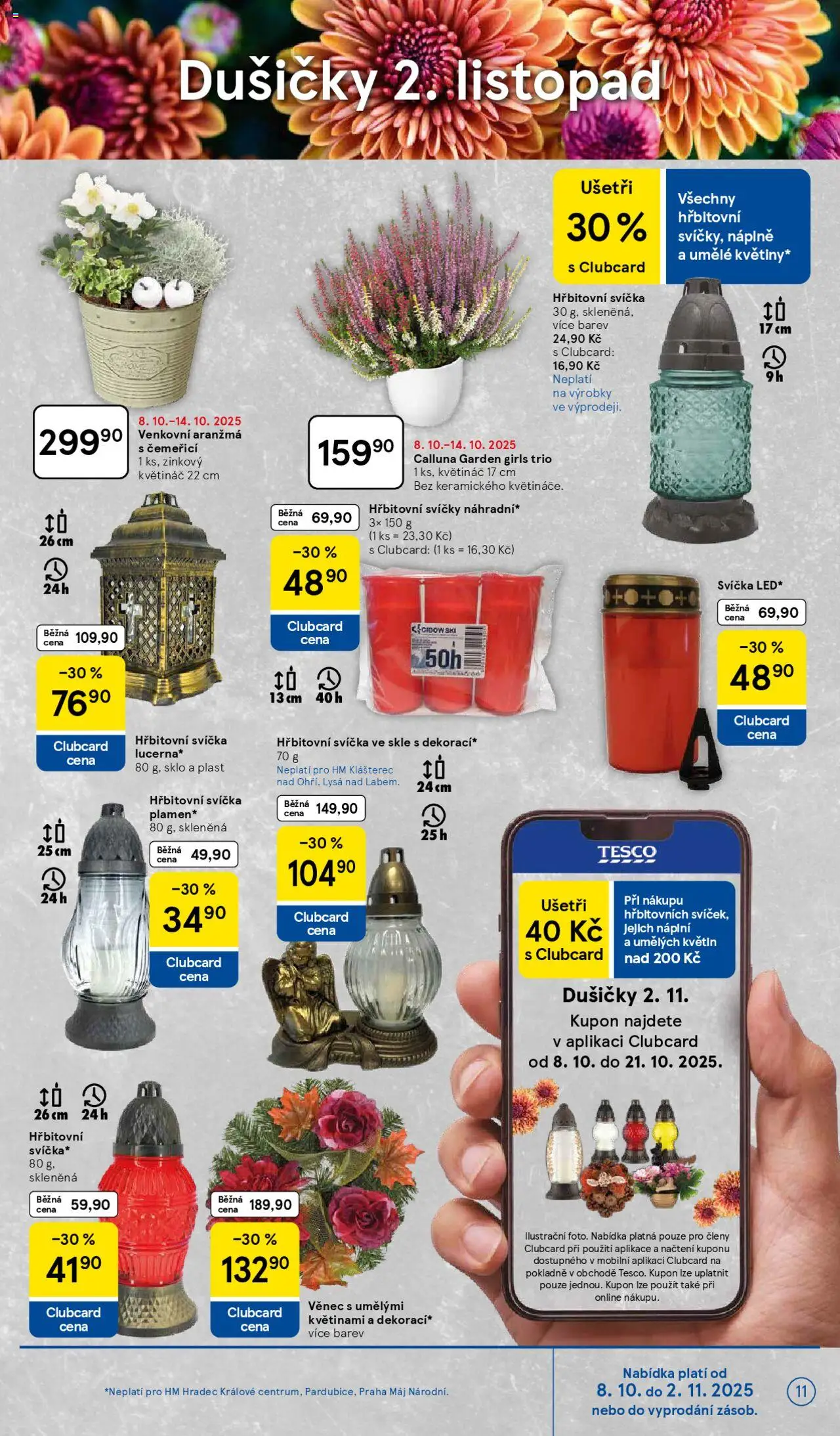 Tesco leták - Hypermarket od 08.10.2025 | Strana: 11 | Produkty: Hřbitovní svíčky, Svíčka, Svíčky, LED