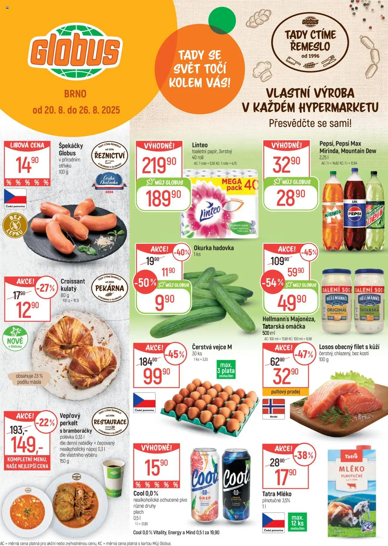 Globus leták - Brno od 20.08.2025 | Strana: 1 | Produkty: Pepsi, Toaletní papír, Filet, Okurka