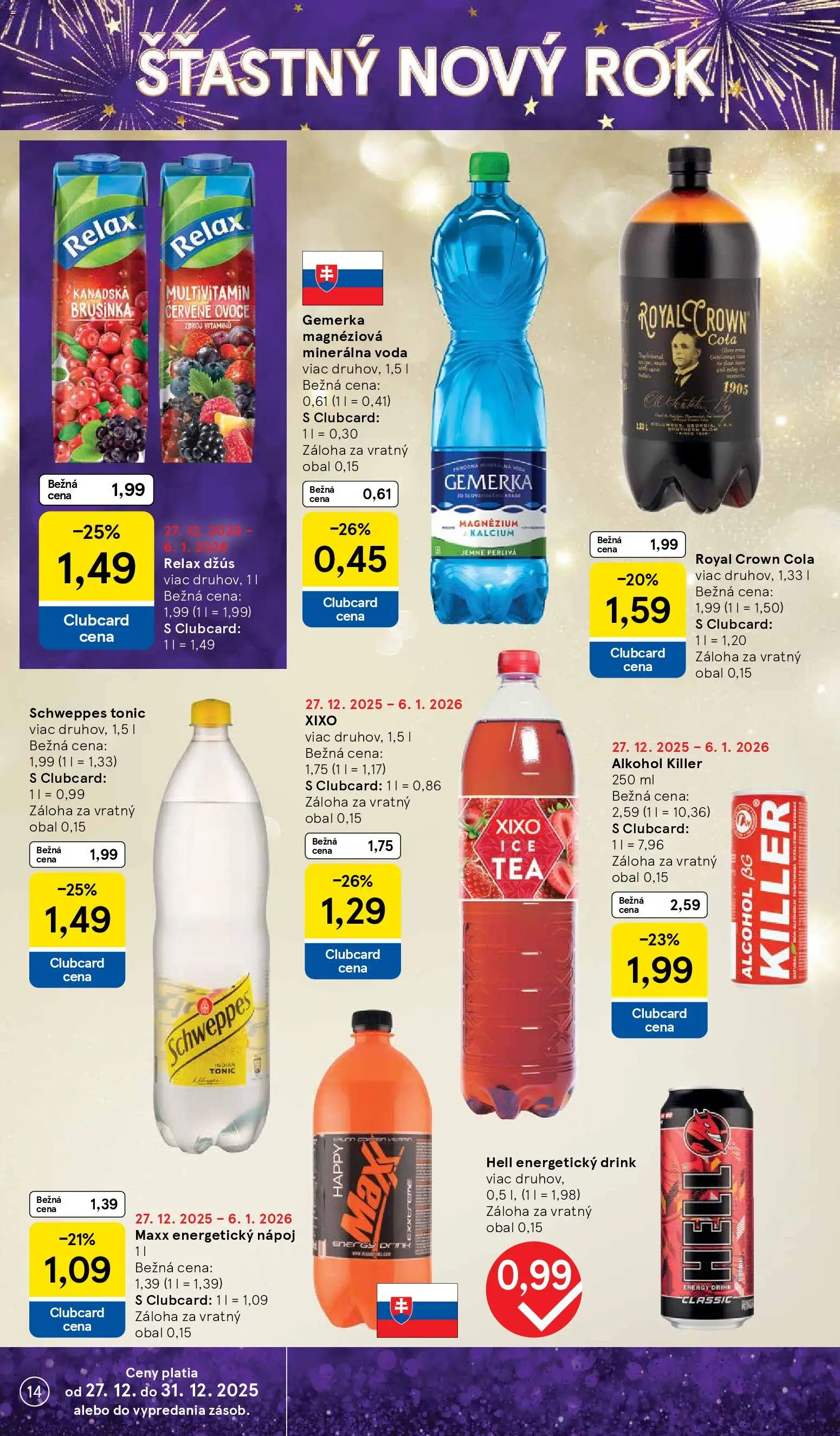 Nové Tesco akcie – leták je platný od 27.12.2025 | Strana: 14 | Produkty: Voda, Alkohol, Cola, Energetický nápoj