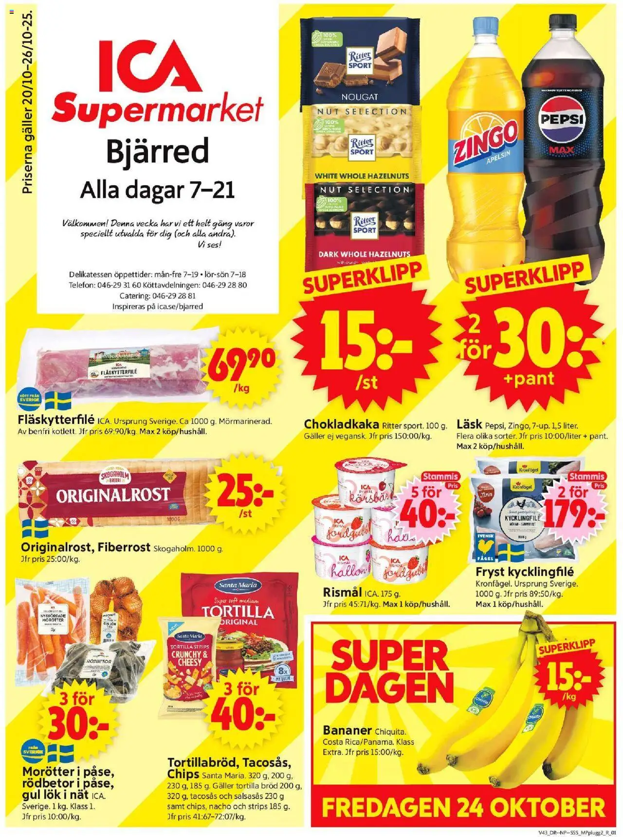 ICA Supermarket reklamblad aktuell från 20.10.2025 | Sida: 1 | Produkter: Chips, Bananer, Apelsin, Telefon
