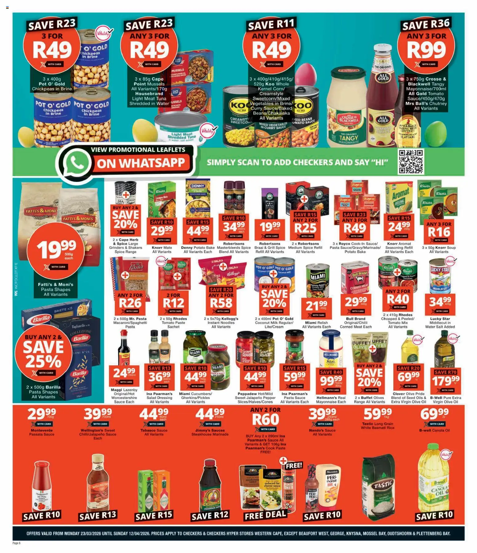 New Checkers catalogue – valid from 23.03.2026 | Page: 6 | Products: Beans, Pasta, Mayonnaise, Pepper