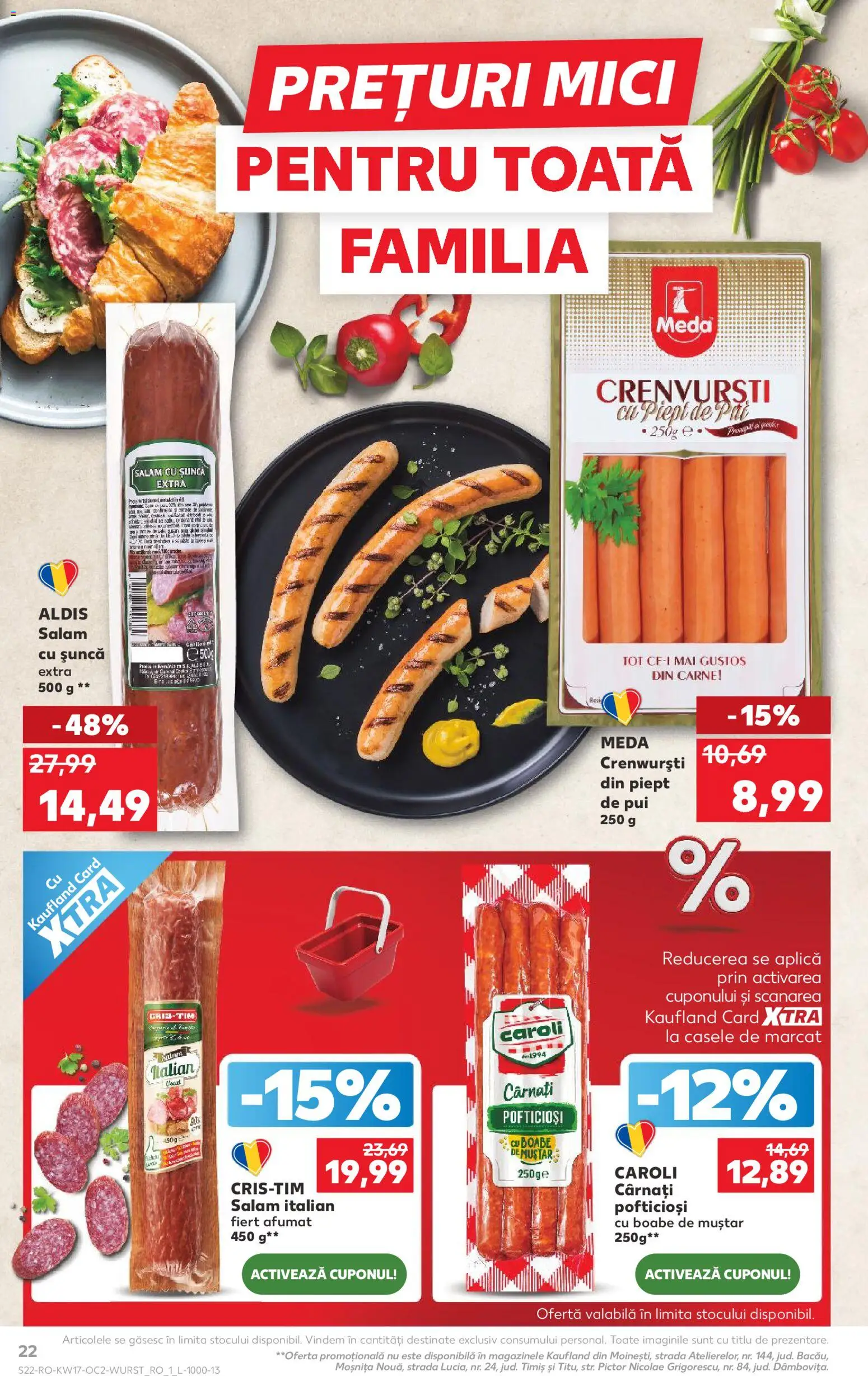 Noul catalog Kaufland – valabil de la 22.04.2026 | Pagină: 22 | Produse: Crenvurști, Salam, Șuncă, Muștar
