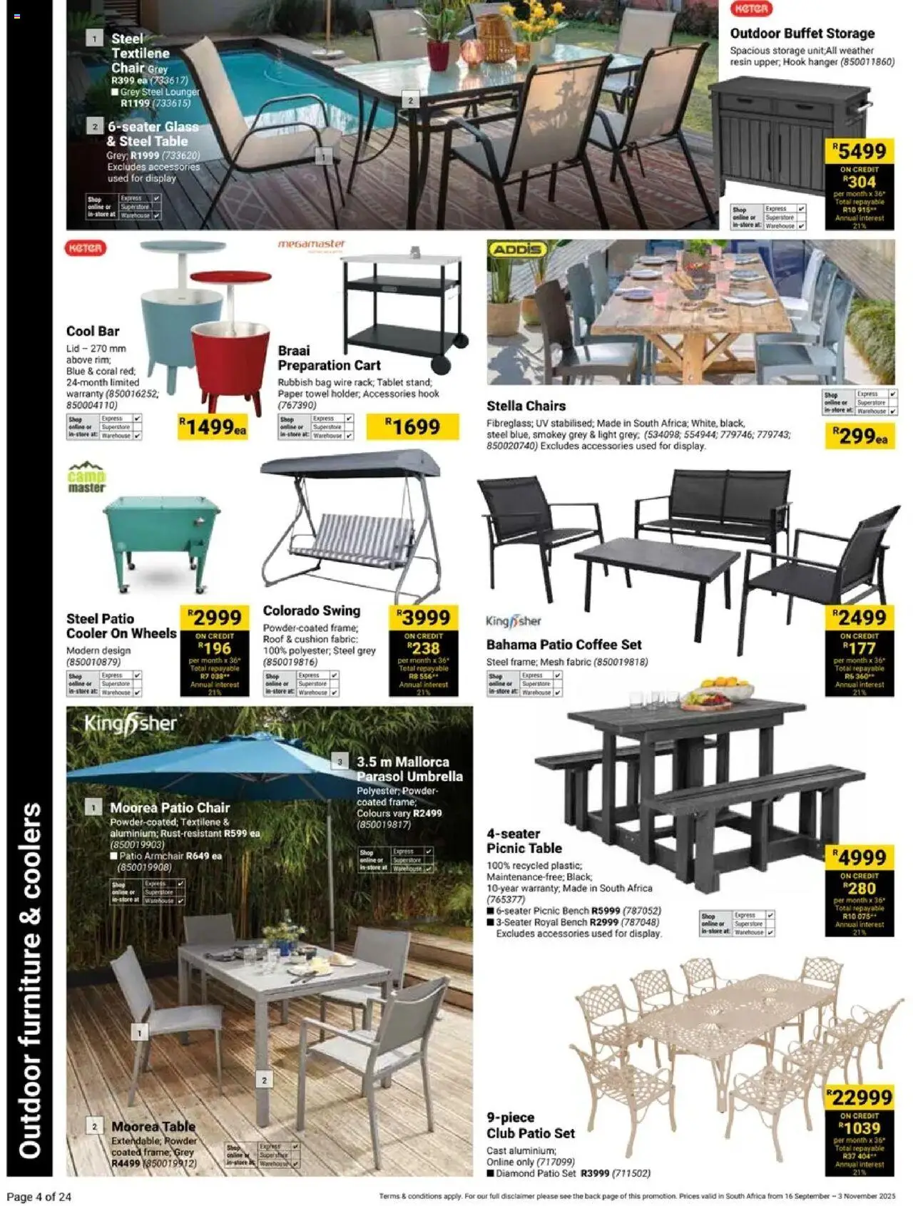 New Builders catalogue – valid from 16.09.2025 | Page: 4 | Products: Umbrella, Bag, Chair, Cooler