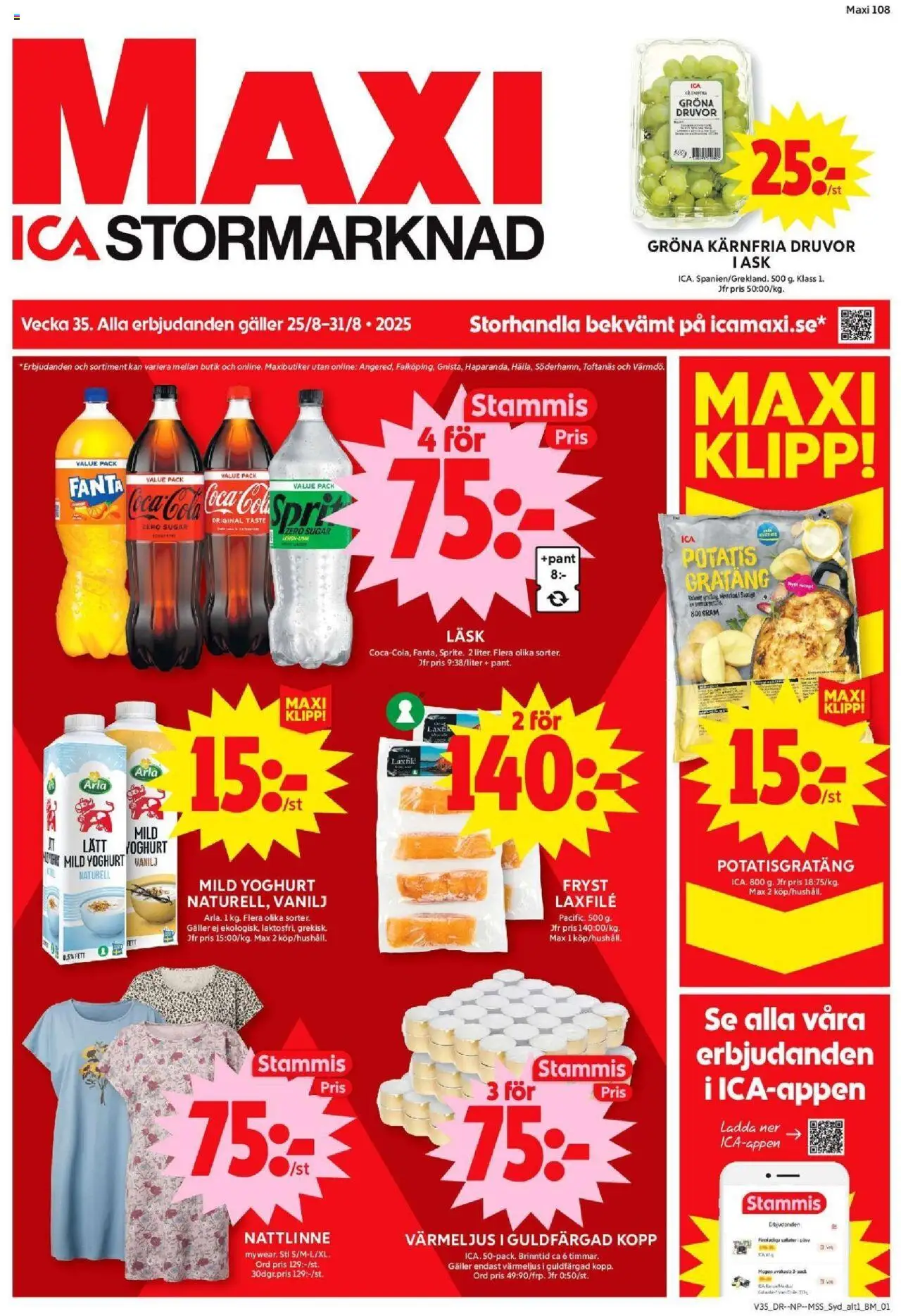 ICA Maxi reklamblad aktuell från 25.08.2025 | Sida: 1 | Produkter: Galler, Potatisgratäng, Coca cola, Yoghurt