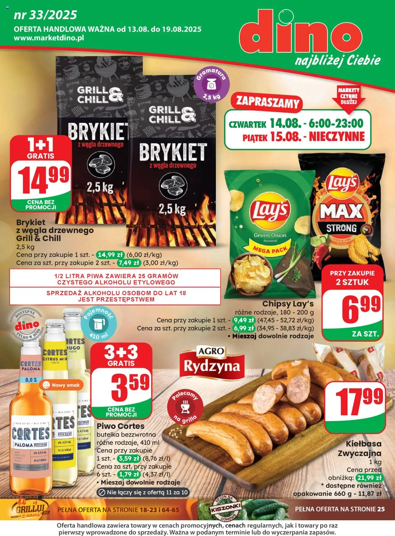 Dino Gazetka od 13.08.2025 | Strona: 1 | Produkty: Kiełbasa, Chipsy, Grill, Piwo
