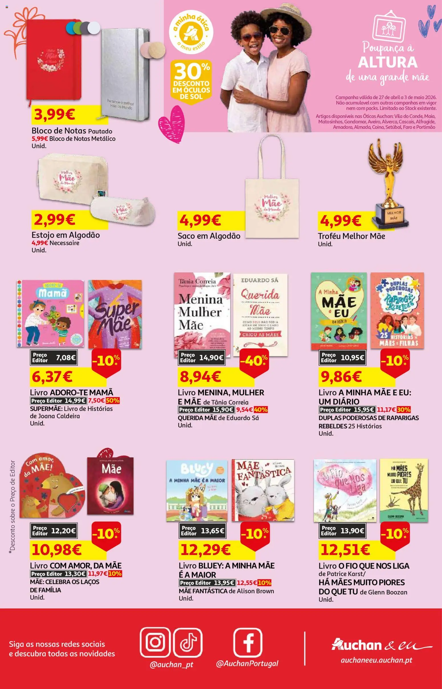 Auchan - Beleza Interiores Spring │ válido de 21.04.2026 | Página: 16 | Produtos: Necessaire, Óculos, Óculos de sol, Algodão