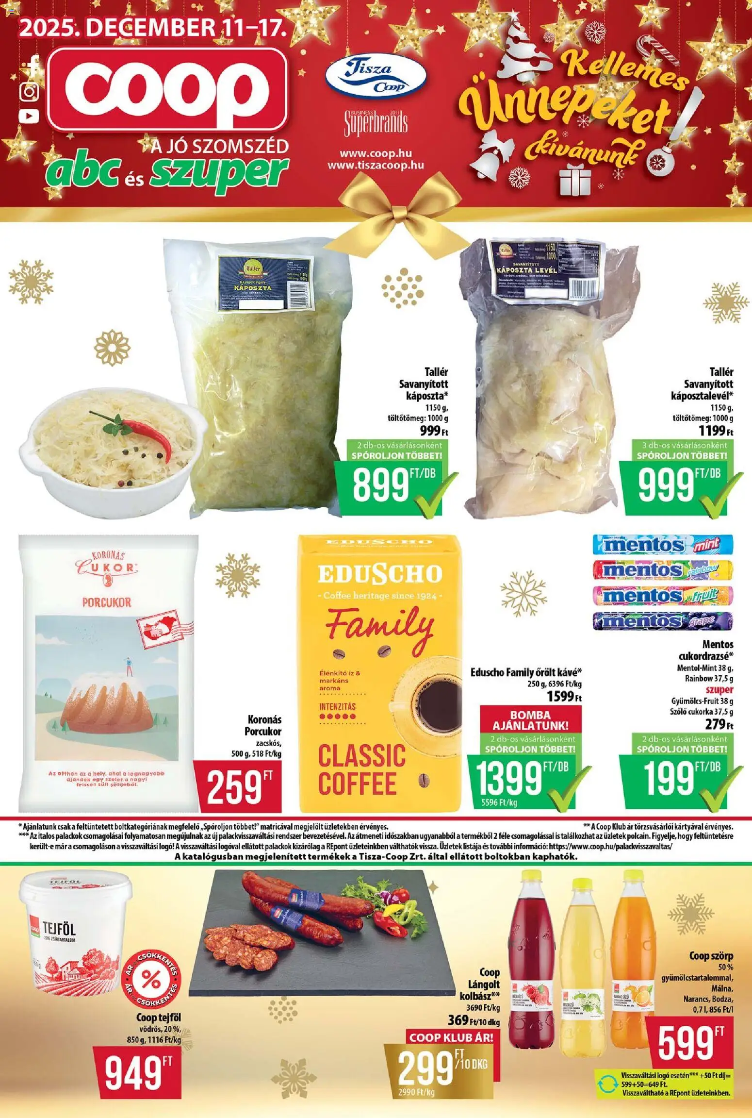 COOP Szolnok akciós ujság - amely érvényes a következő dátumtól: 11.12.2025 | Oldal: 1 | Termékek: Szörp, Káposzta, Lángolt kolbász, Cukorka