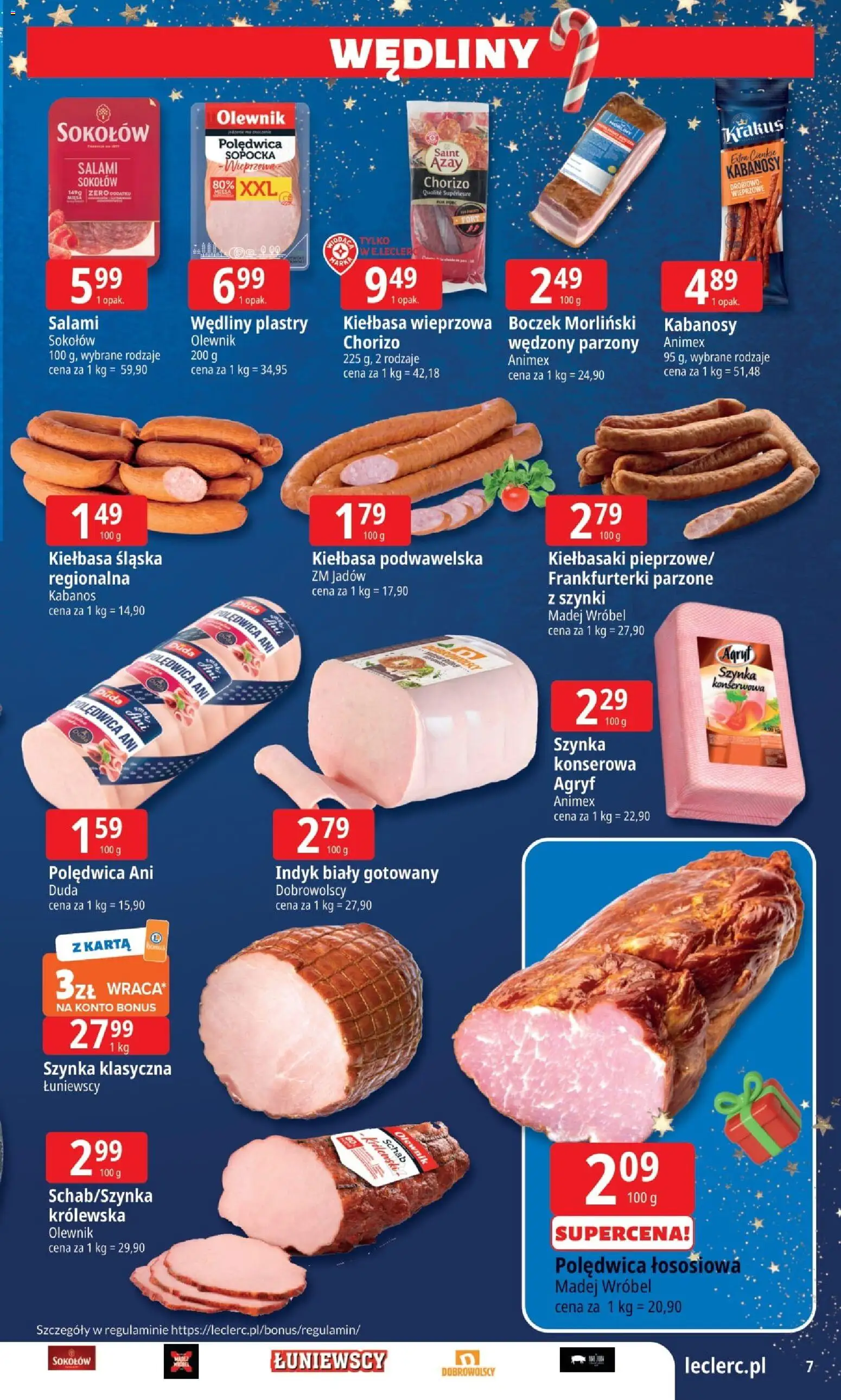 E.Leclerc Gazetka - Wrocław od 25.11.2025 | Strona: 7 | Produkty: Frankfurterki, Boczek, Salami, Wędliny