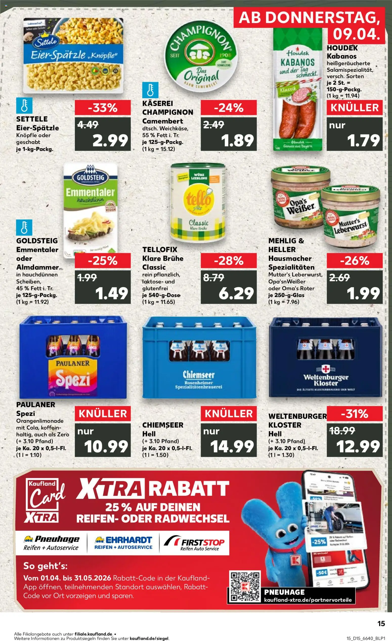 Kaufland Německo leták od 09.04.2026 | Strana: 15 | Produkty: Kabanos, Camembert