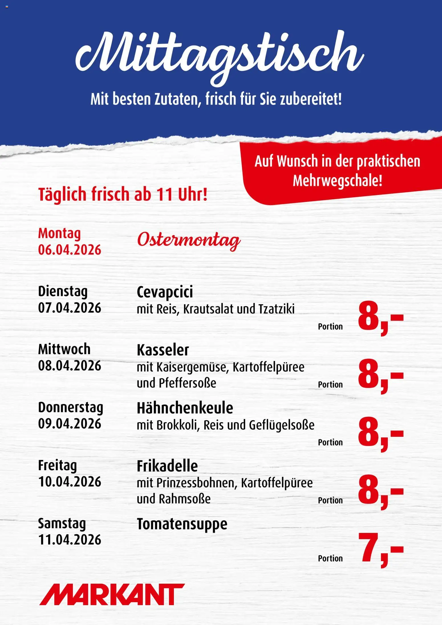 Markant  Mittagstisch – gültig ab 06.04.2026 | Seite: 1 | Produkte: Cevapcici, Reis, Uhr