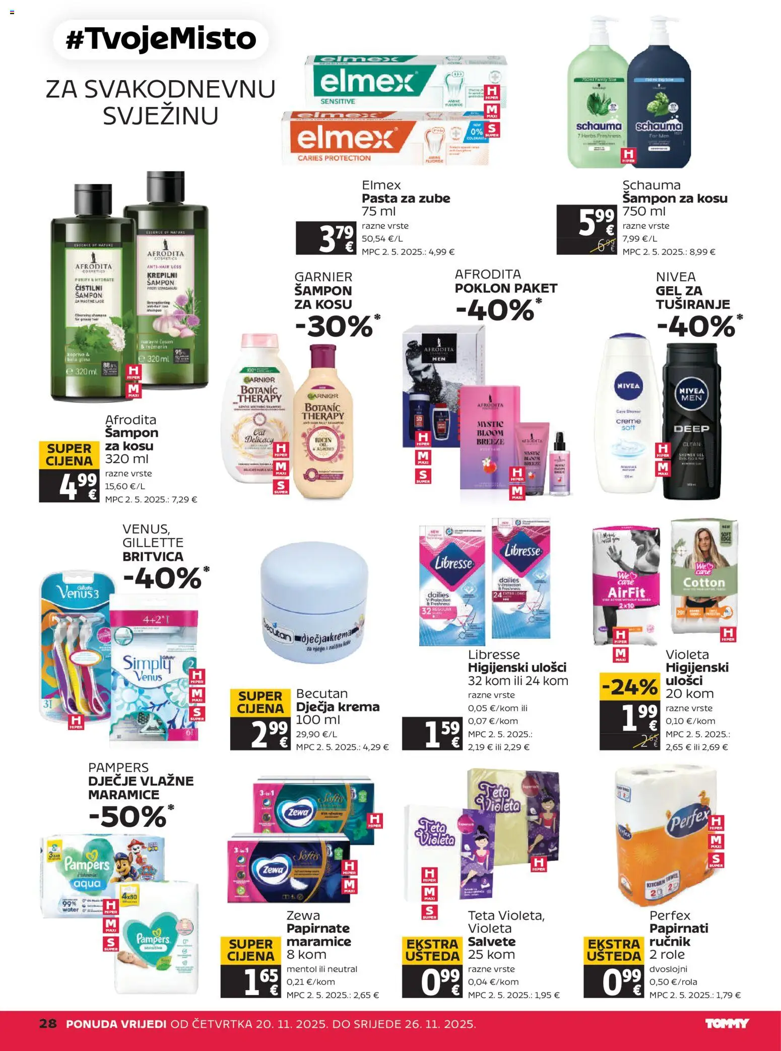 Tommy katalog | vrijedi od 20.11.2025 | Stranica: 28 | Proizvodi: Vlažne maramice, Pasta, Pampers, Libresse