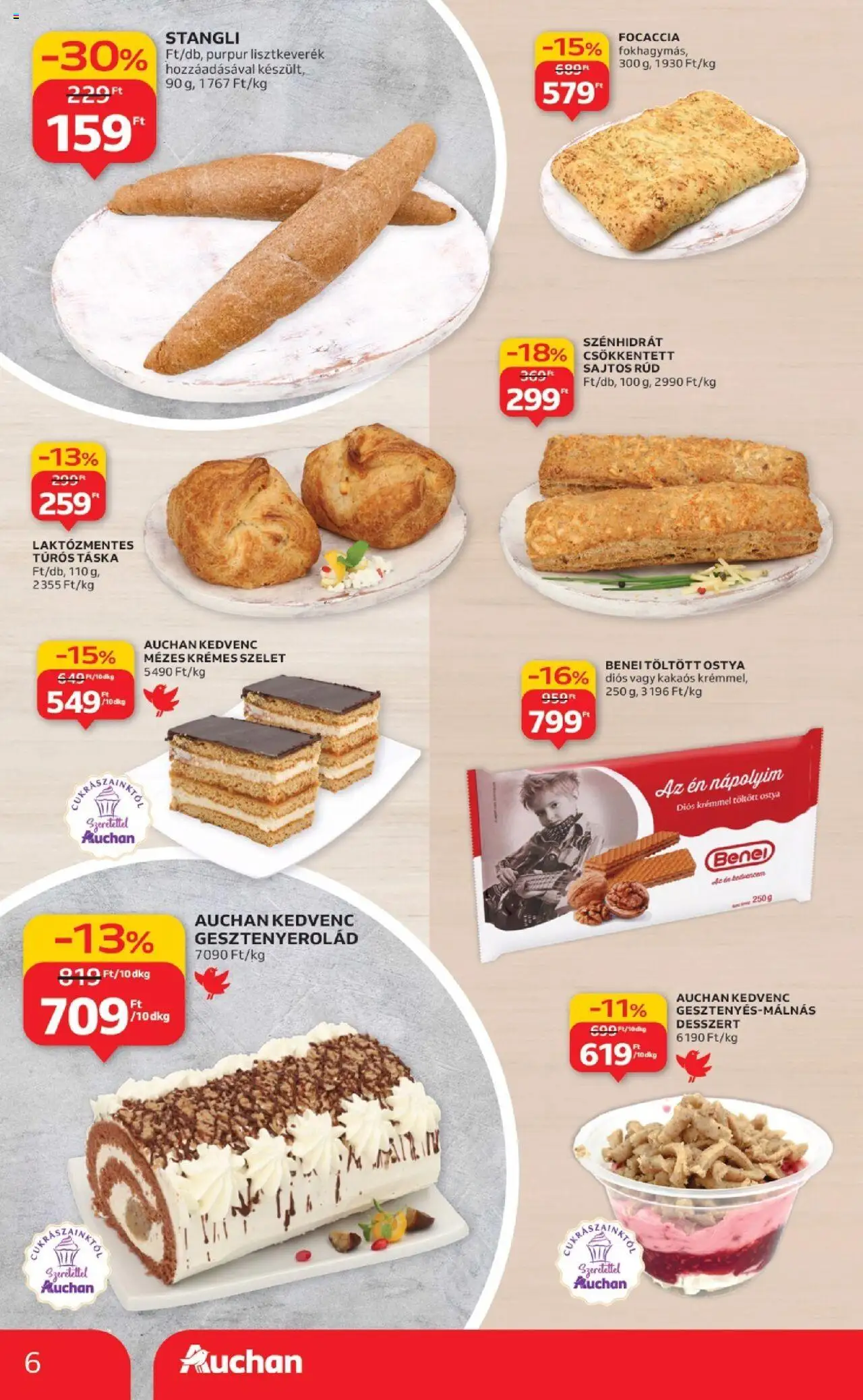 Auchan akciós ujság - amely érvényes a következő dátumtól: 18.09.2025 | Oldal: 6 | Termékek: Túrós táska, Táska, Stangli, Sajtos rúd