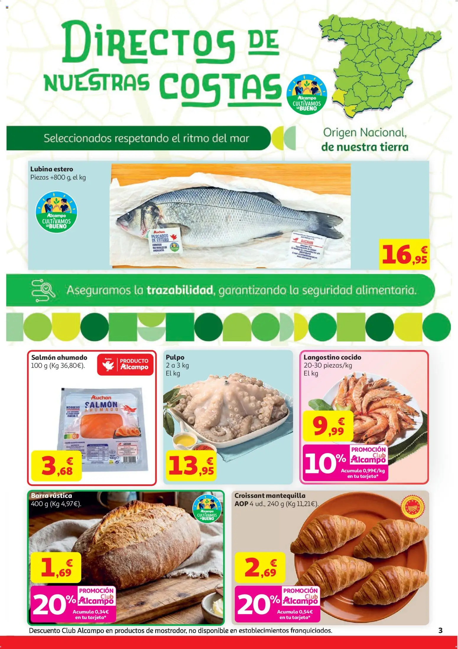 Alcampo Supermercado Nacional │ válido desde el 21.04.2026 | Página: 3 | Productos: Croissant, Salmón ahumado, Συσκευή ροής, Langostino