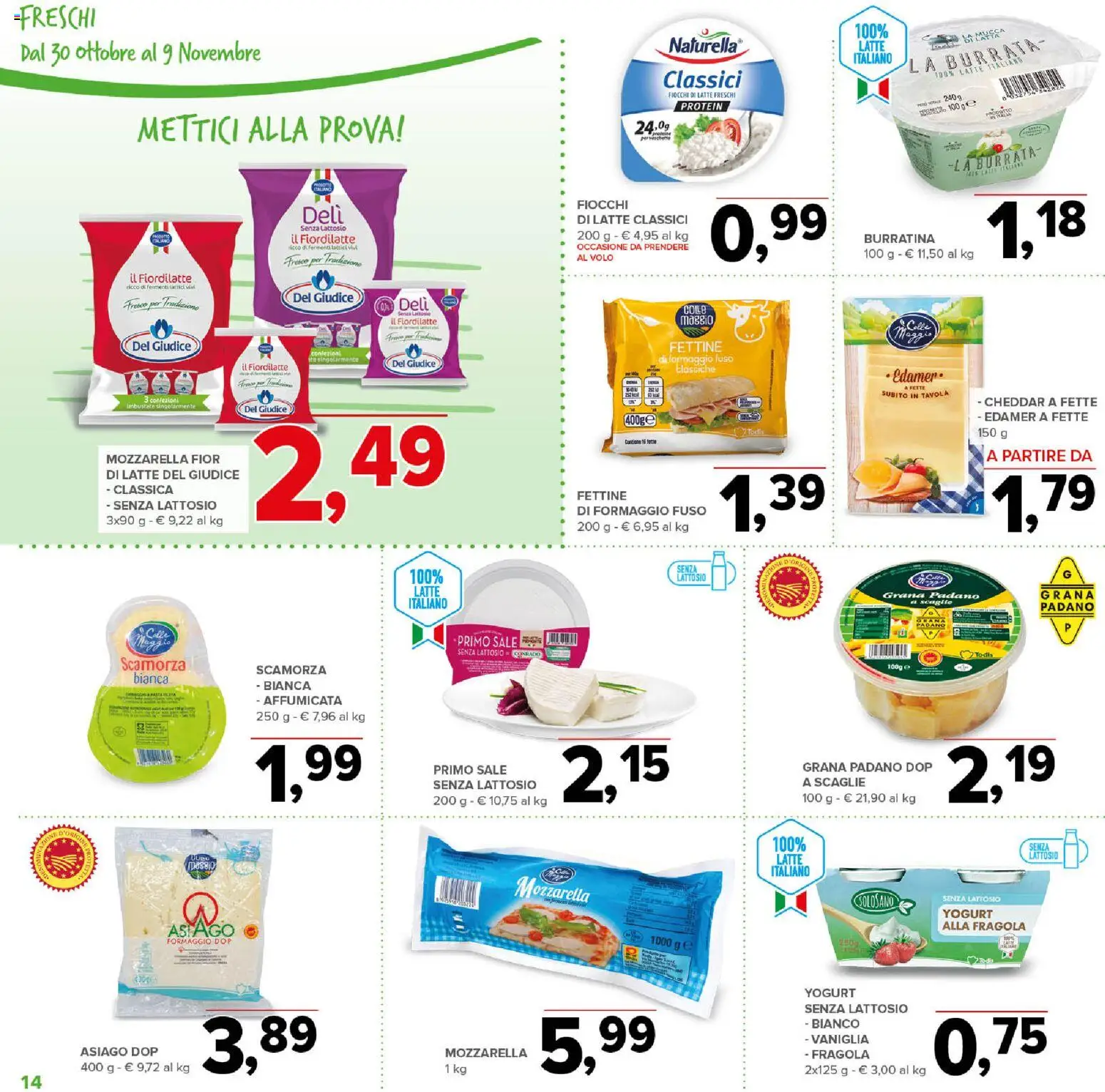 Volantino Todis del 30.10.2025 | Pagina: 14 | Prodotti: Fiocchi di latte, Sale, Mozzarella, Burrata