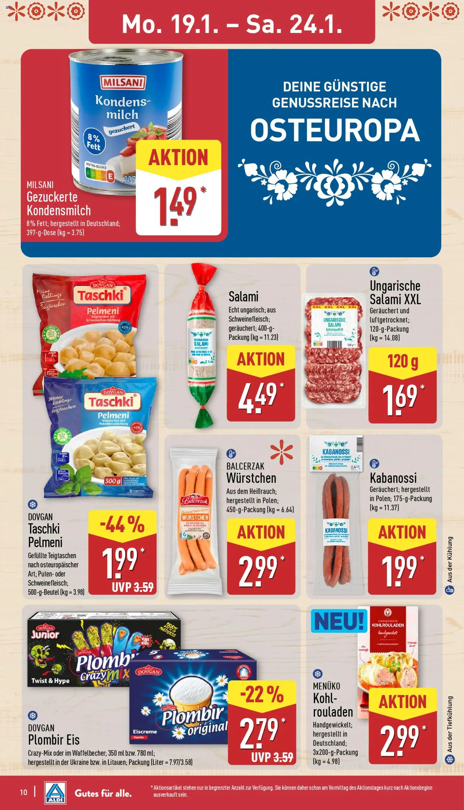 Aldi Prospekt 	 – gültig ab 19.01.2026 | Seite: 10 | Produkte: Milch, Eiscreme, Salami, Eis